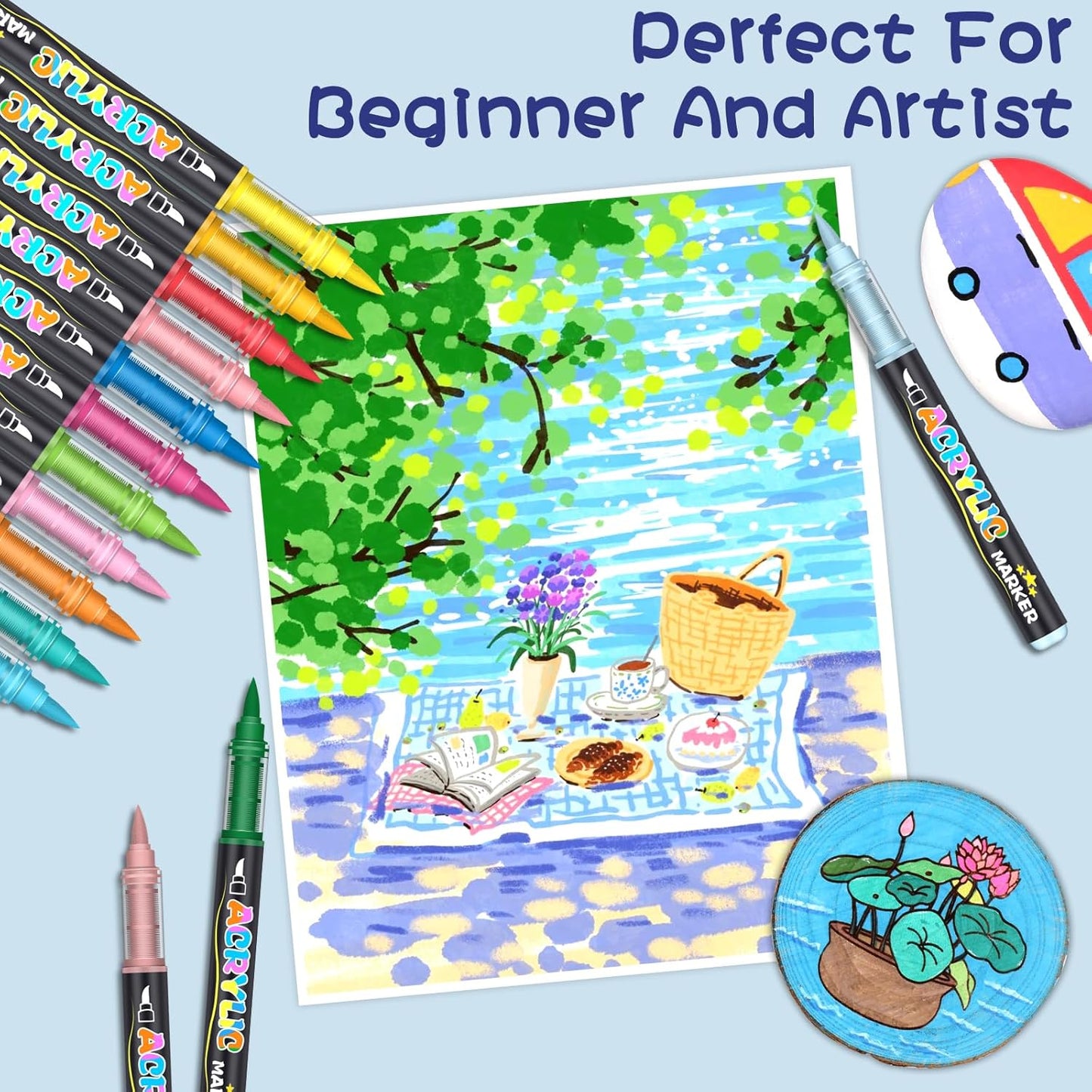 48 Colors Acrylic Paint Pens Markers, No-Bleed Brush Tip Acrylic Markers with Automatic Ink Control System, for Stone, Wood, Canvas, Ceramic, Glass, Metal, Rock Painting, DIY Crafts Art Supplies Kit