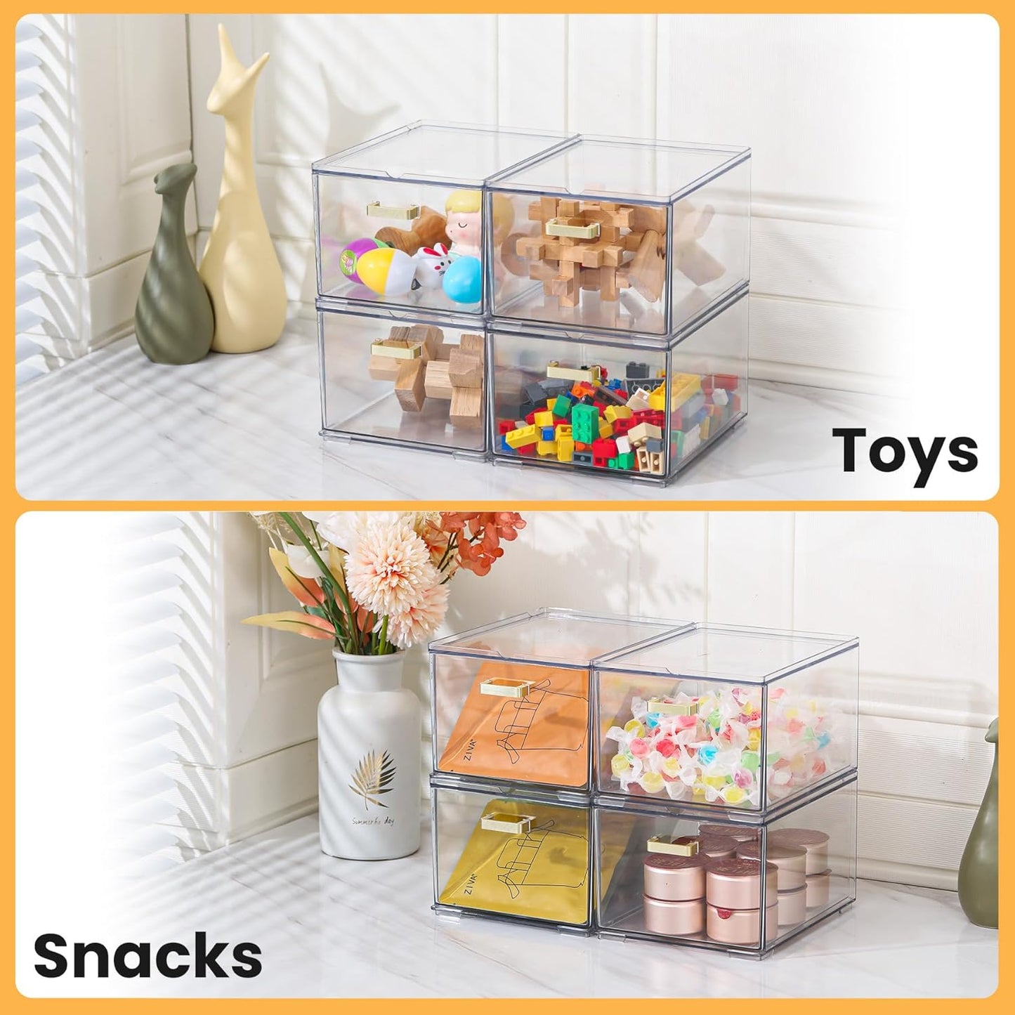 4 Pack Plastic Storage Bins, Acrylic Bathroom Makeup Organizer with Handle, Clear Small Stackable Storage Drawers for Vanity, Home, Kitchen Cabinet, Pantry, UnderSink Organization(6.7"D x 10.6" x 8"H)