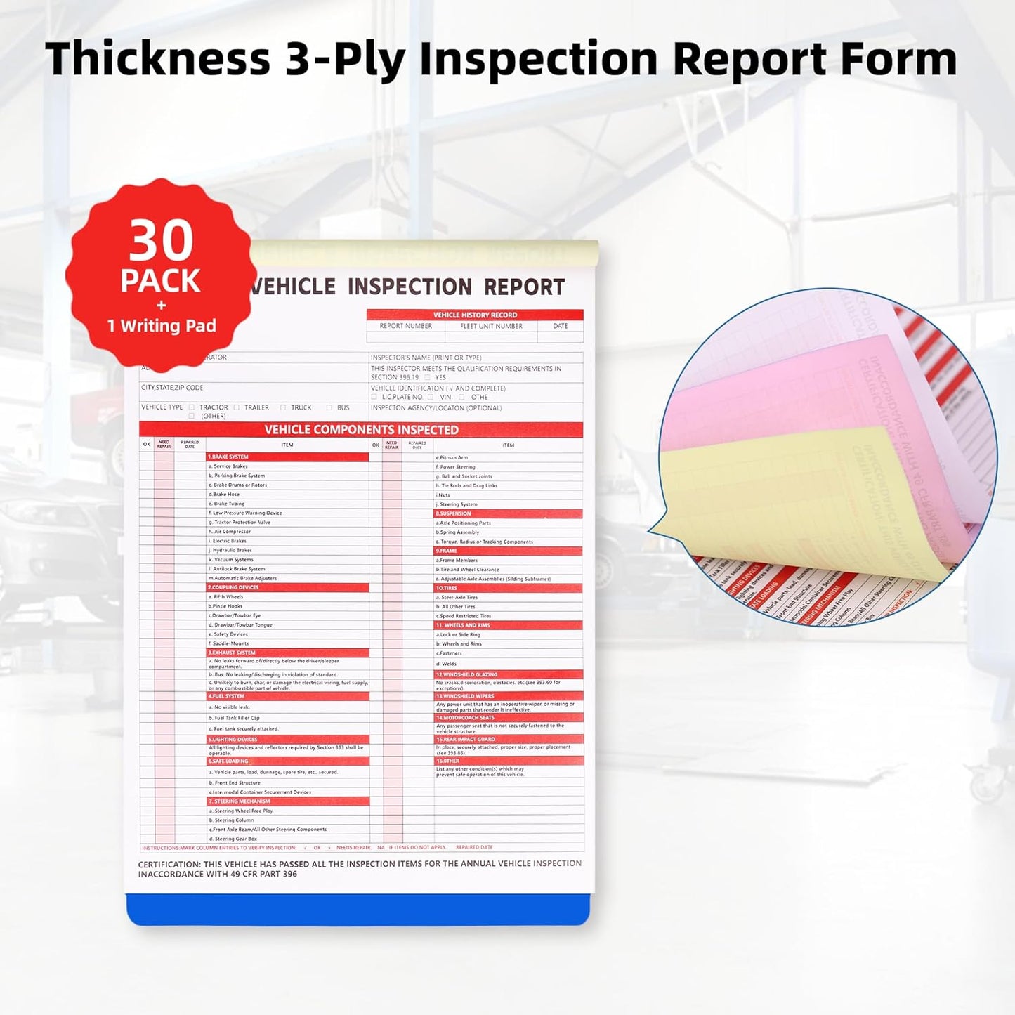 30-Pack Annual Vehicle Inspection Report Form, 3-Ply Carbonless Form and Hardboard, Includes 30-Pk 2-Ply FMCSA Vinyl Adhesive Label for Annual Inspections, DOT Compliant