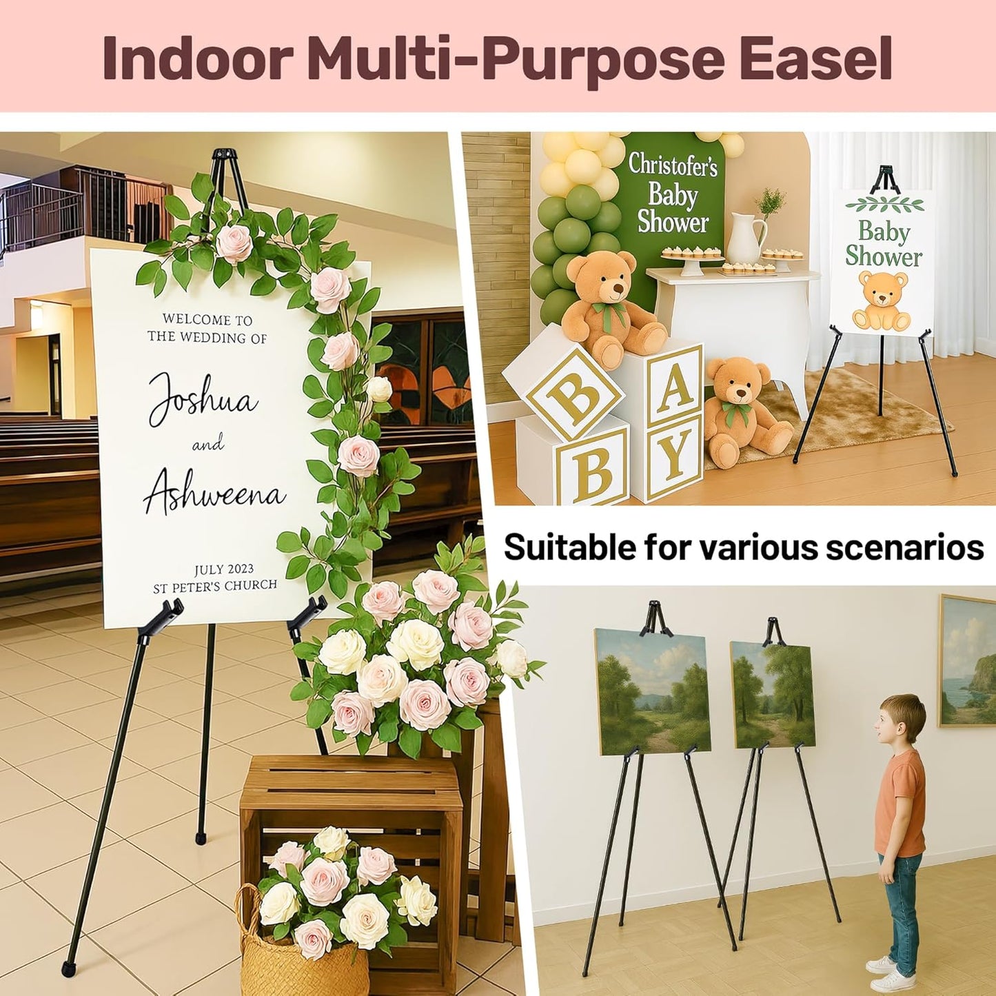 2Pack Black Easel Stand for Sign & Poster - 63" Adjustable Metal Display Easels for Wedding Welcome Signs, Painting, Canvas, Art & Picture - Portable Folding Tripod with Carry Bag, Holds 5 Lbs