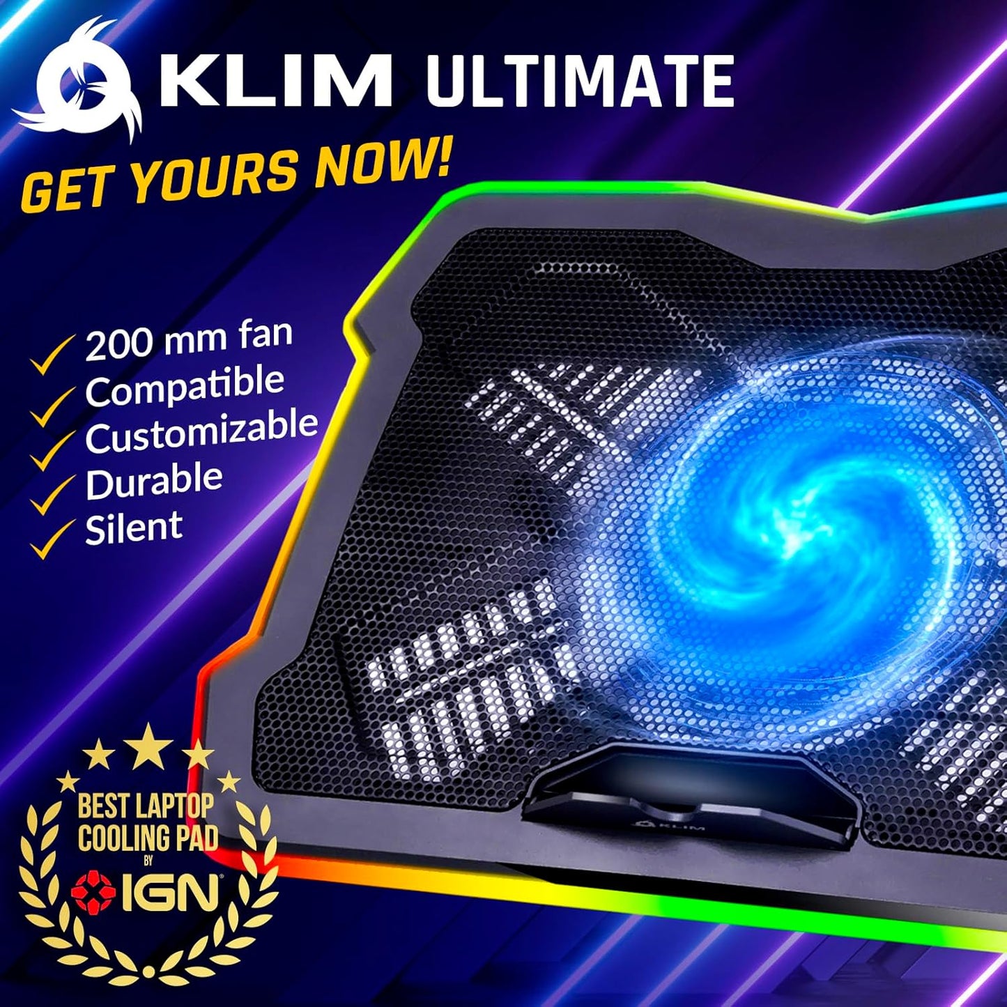 KLIM Ultimate - RGB Laptop Cooling Pad with LED Rim - New - Gaming Laptop Cooler - USB Powered Fan - Very Stable and Silent Laptop Stand - Compatible up to 17" - PC Mac PS5 PS4 Xbox One