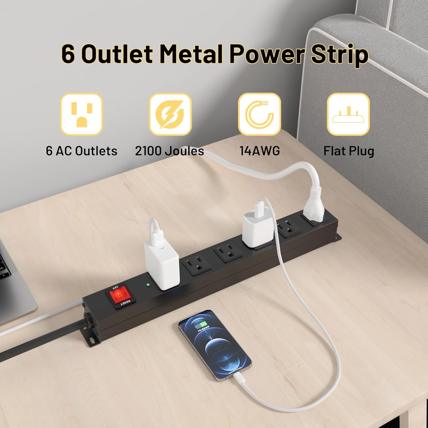 KF 6 Outlet Metal Power Strip with Surge Protection 2100J Mountable Power Outlet with Aluminum Alloy Mount Power Strip 14AWG 8FT Extension Cord,15A/125V/1875W in Home,Garage,Black