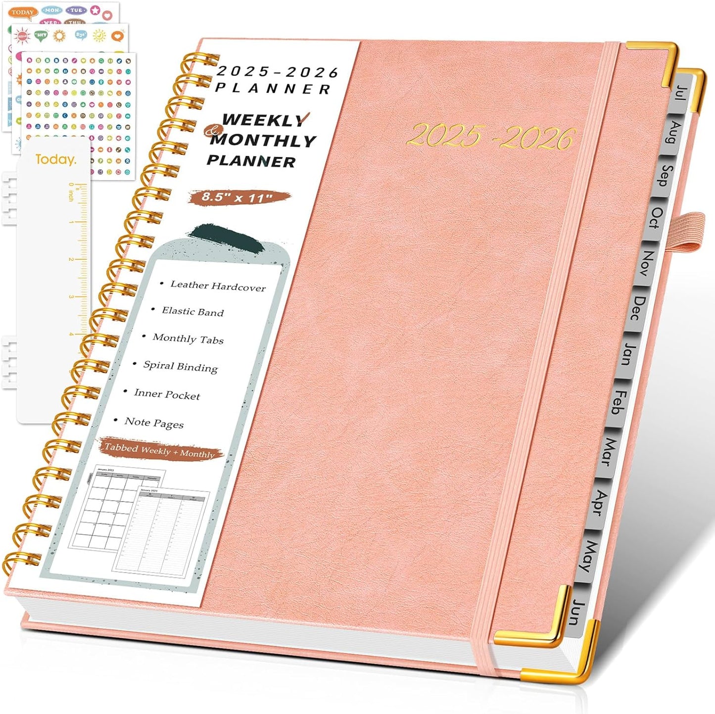 Academic Planner 2025-2026, Weekly and Monthly Calendar Planner from July 2025 - June 2026, 8.5" x 11" Hardcover Leather Hourly Appointment Book with Tabs, Spiral Daily Planners for College School Teacher Student, Pink