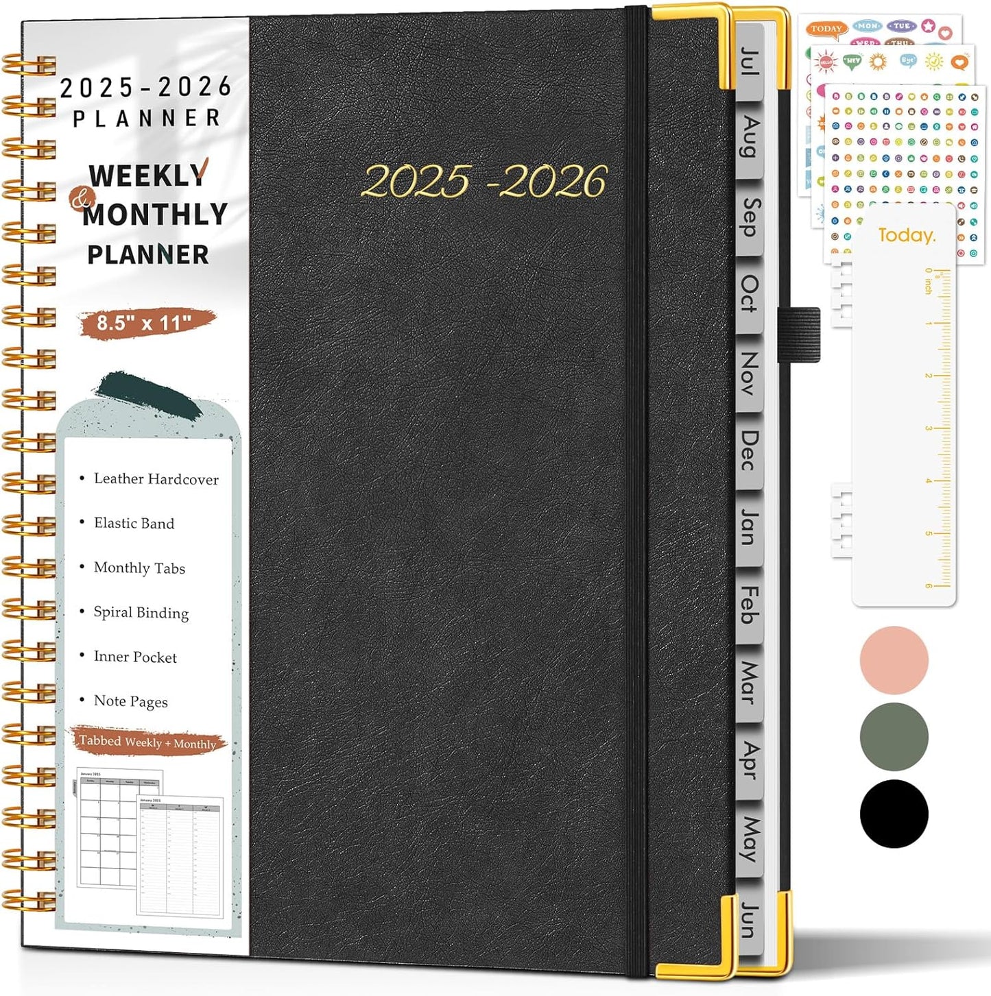 Academic Planner 2025-2026, Weekly and Monthly Calendar Planner from July 2025 - June 2026, 8.5" x 11" Hardcover Leather Hourly Appointment Book with Tabs, Spiral Daily Planners for College School Teacher Student, Black