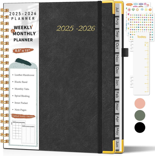 Academic Planner 2025-2026, Weekly and Monthly Calendar Planner from July 2025 - June 2026, 8.5" x 11" Hardcover Leather Hourly Appointment Book with Tabs, Spiral Daily Planners for College School Teacher Student, Black