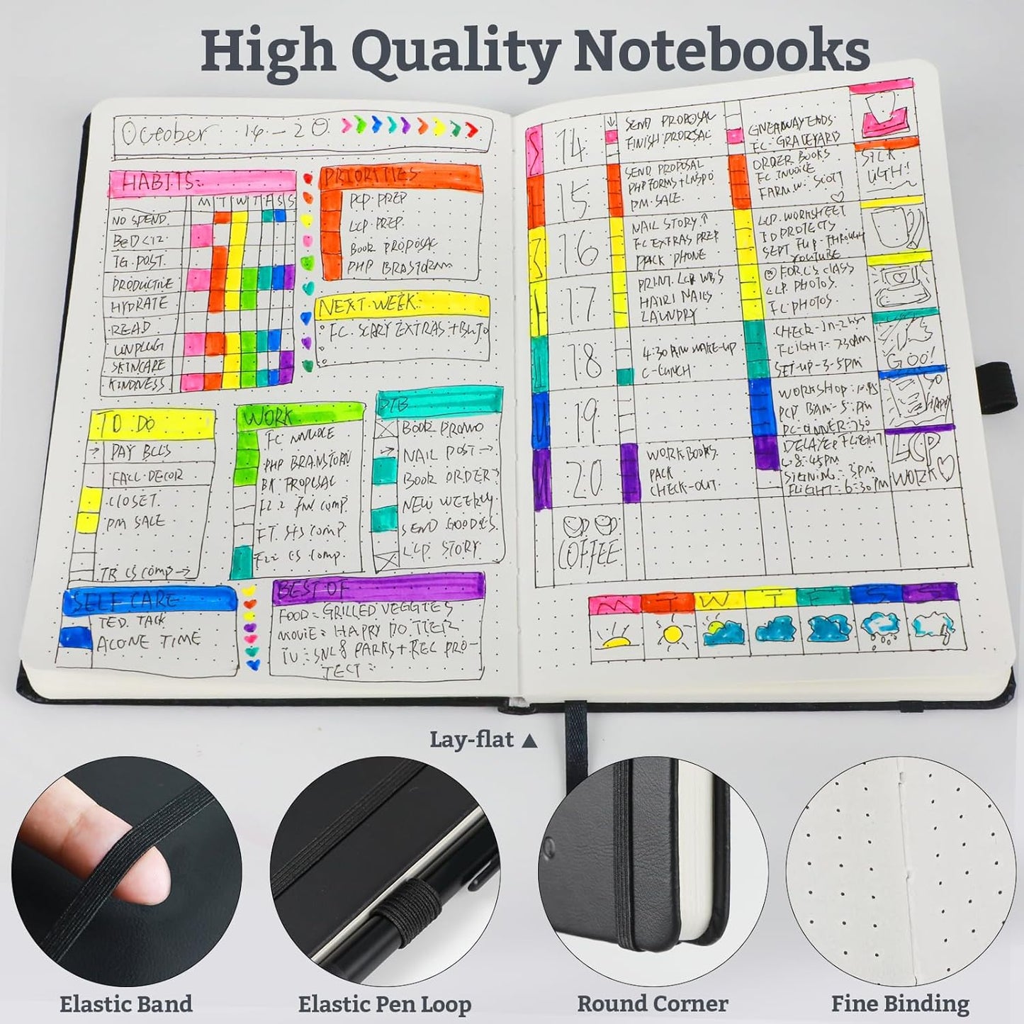 2Pack Bullet Dotted Hardcover Journal Notebook, A5 140 Pages 120Gsm Thick Paper for School,Note Taking,Work,Diary，5.7"*8.3",Lavender