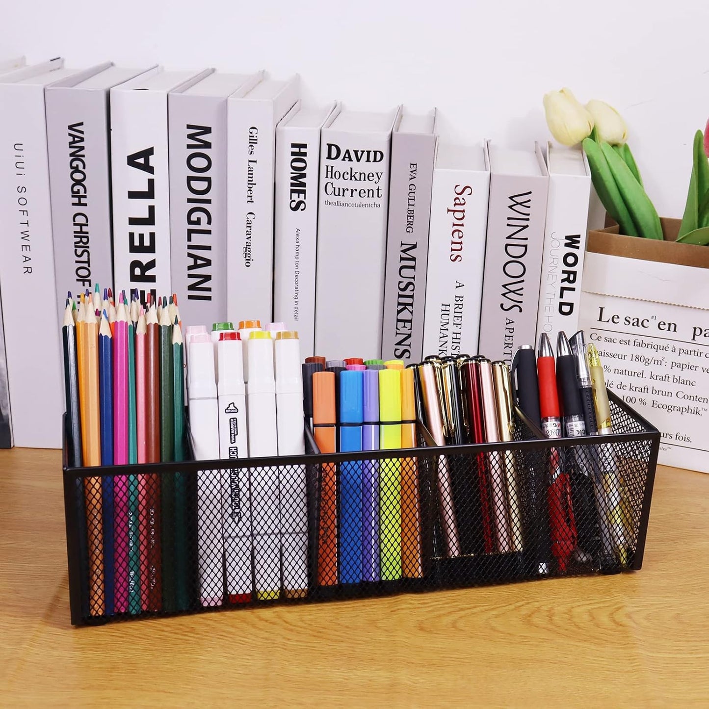 Black Mesh Pen Pencil Holder, Small Metal Desk Organizer Desktop Stationery Office Supplies Acessories Storage Stand, 5 Compartments Brushes Holder for Home School Classroom Teachers