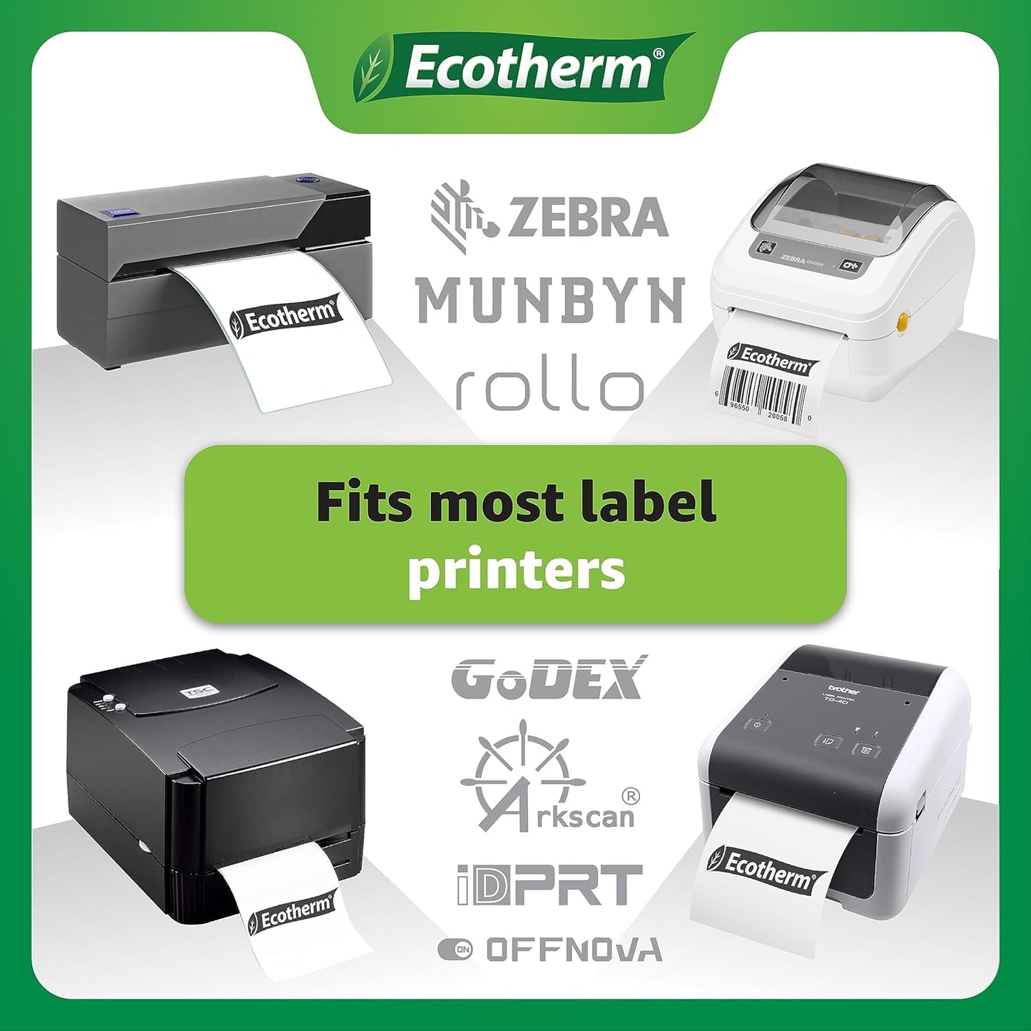 4" x 1.25" Thermal Labels | 6 Rolls | 12600 Labels | fits Zebra, Munbyn, Rollo, Godex, Arkscan, iDPRT, Offnova Thermal Label Printers and More | Blank White Adhesive Stickers by Ecotherm