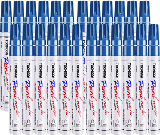 Blue Paint Pens Permanent Paint Markers - 24 Pack Oil Based Marking Pens, Medium Point, Quick Drying and Waterproof for Rock Painting Car Tyre Metal, Plastic, Canvas, Wood, Glass