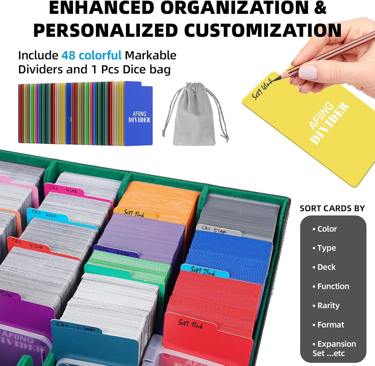 AFIING Trading Card Storage Box, MTG Deck Box with 48 Dividers & Supporters, Commander Card Deck Case Fits for Magic Game Cards, YugiOh, TCG, baseball and Sport Cards, Black Green 3200+