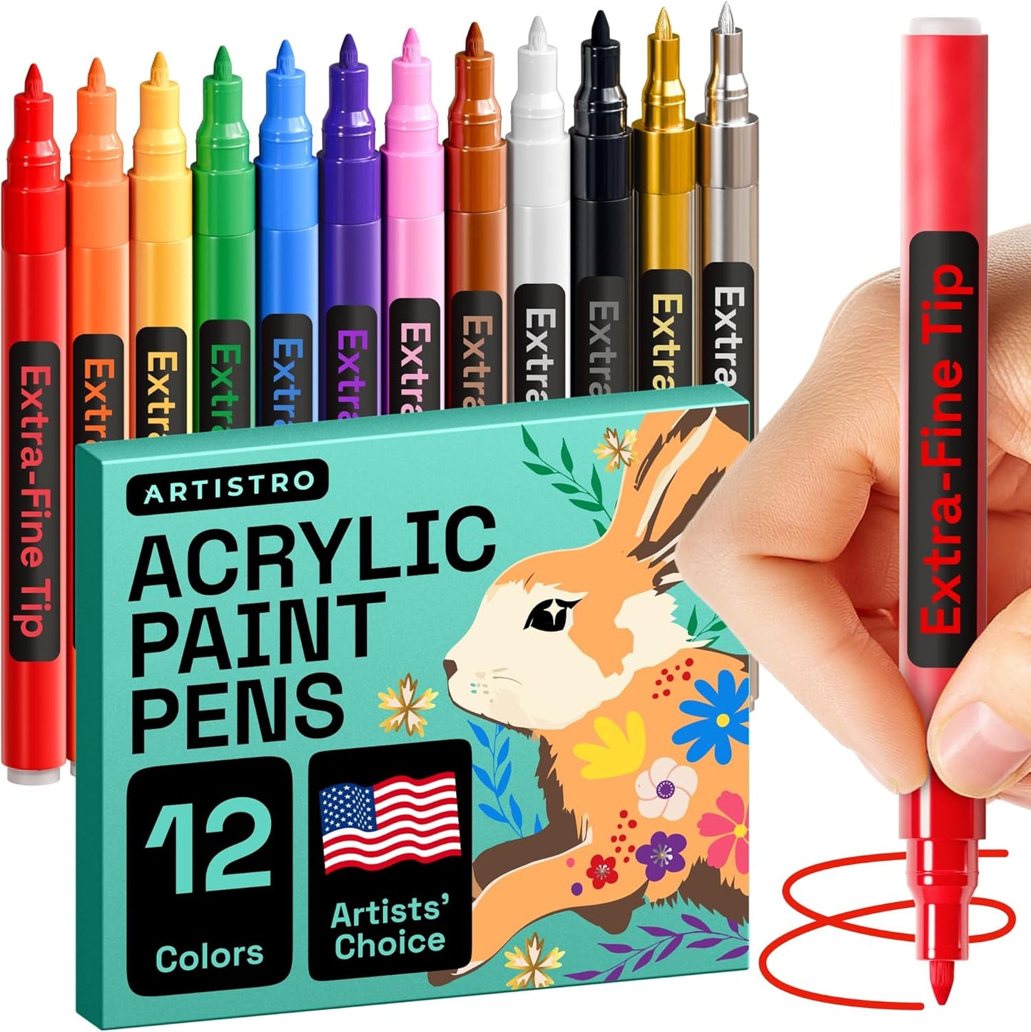 ARTISTRO 12 Acrylic Paint Pens, Fabric Markers for Textile, Rock, Glass, Wood, Paper, Ceramic, Canvas DIY Art Supplies Kit, Drawing Markers for Kids and Adults (Extra Fine Tip)