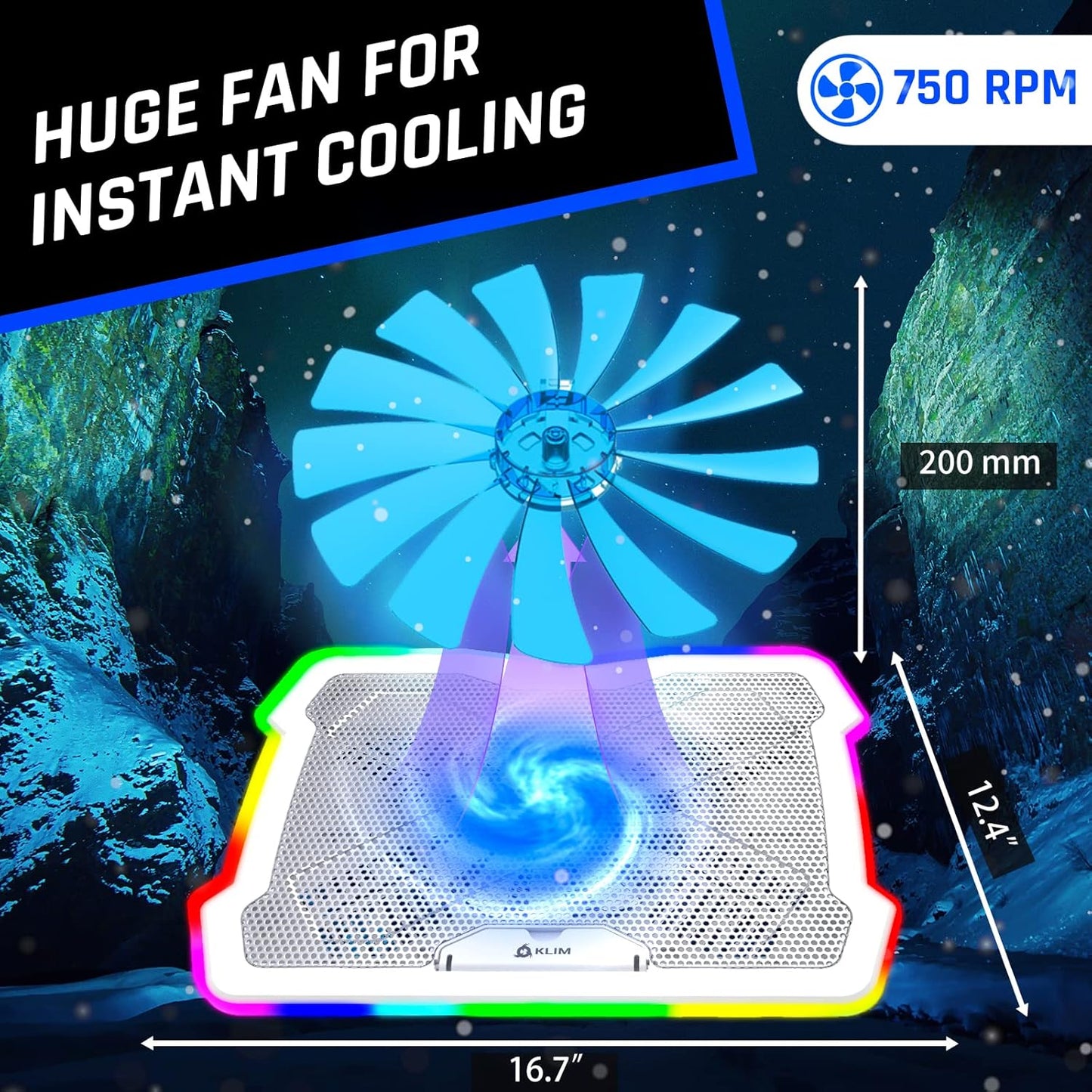 KLIM Ultimate + RGB Laptop Cooling Pad with LED Rim + New + Gaming Laptop Cooler + USB Powered Fan + Very Stable and Silent Laptop Stand + Compatible up to 17" + PC Mac PS5 PS4 Xbox One - White