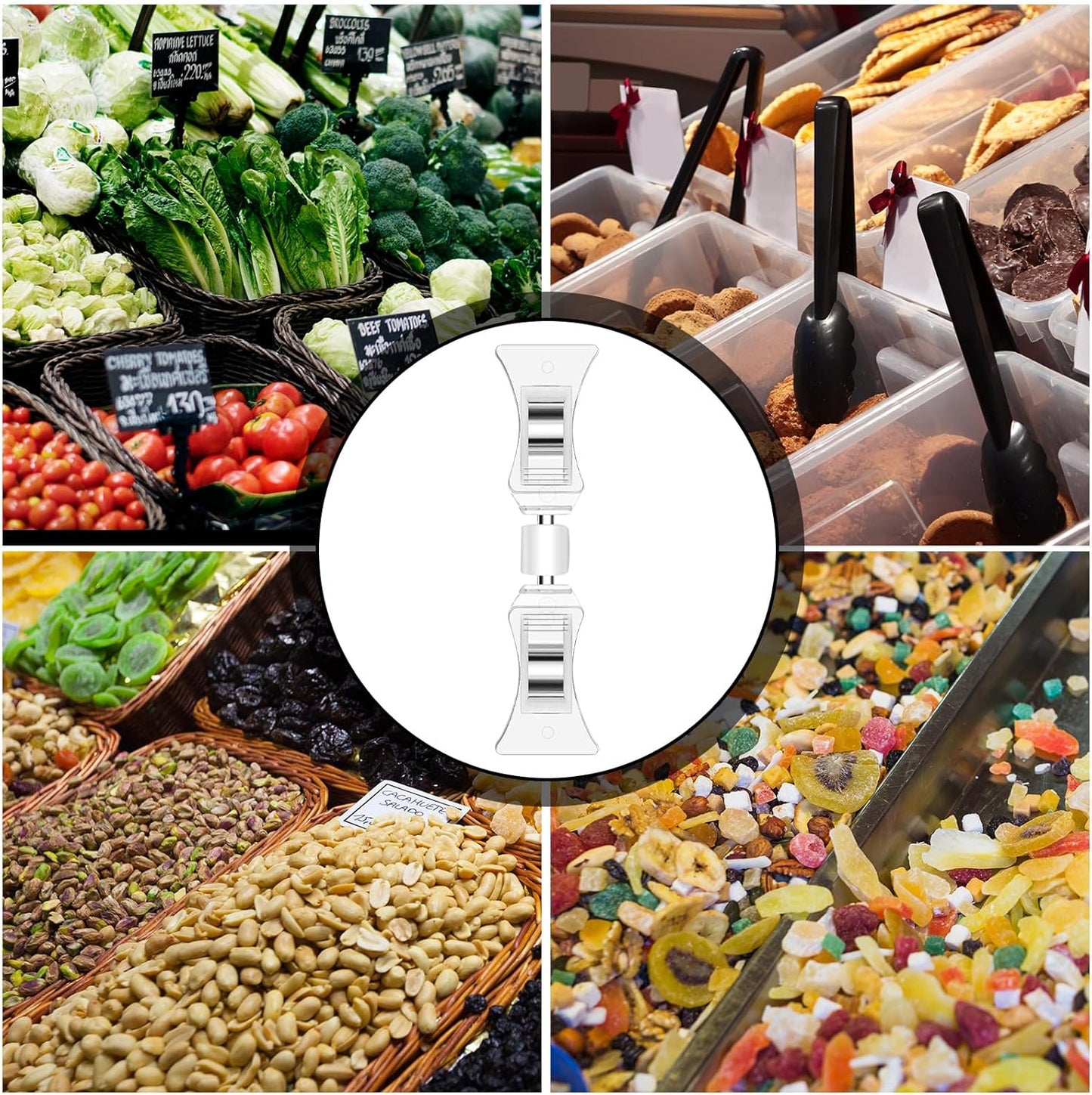 50 Pieces Double Sided Sign Clip, Clear Retail Merchandising Signs Display Tags, Plastic Sign Holder Rotatable Pop Clip-on Promotion Clips Stand for Label, Basket, Business Cards