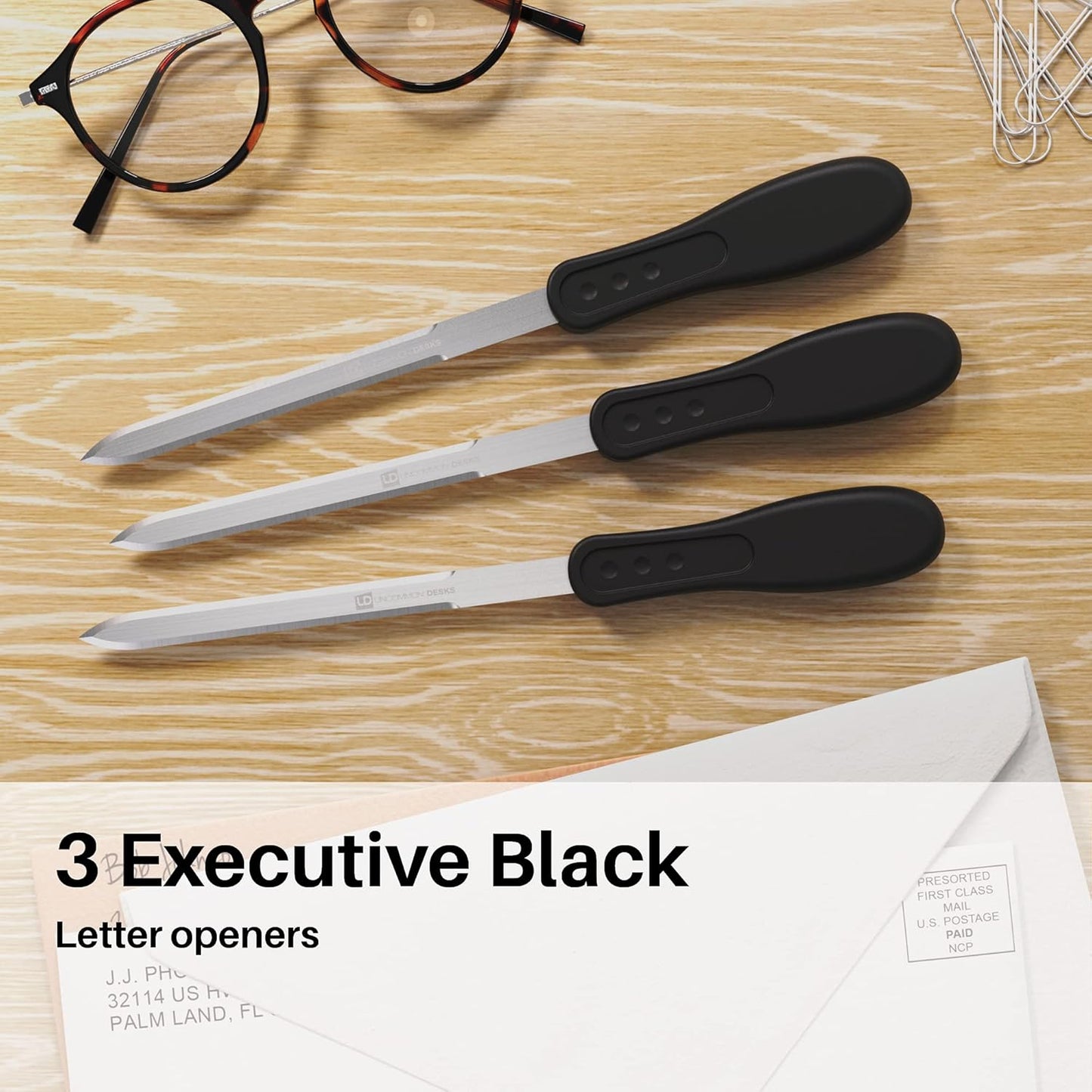 Uncommon Desks Office Letter Opener - Stainless Steel Knife-Edge Blade, Ergonomic Grip Handle (Black, 3 Pieces)