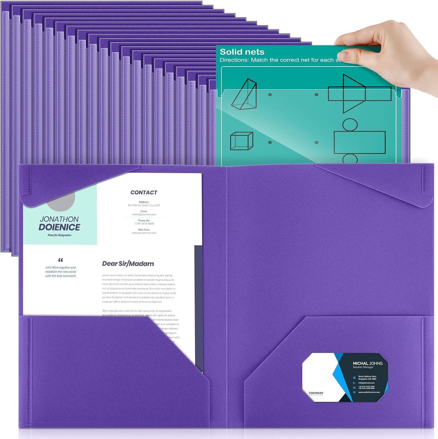 Henoyso 60 Pcs Plastic Folders with Clear Front Pockets Heavy Duty File Folders with 2 Pockets and Card Slot for Student Communication School Office Presentation Report (Purple)