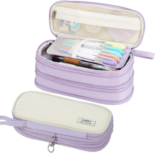 Big Pencil Case Zipper Pencil Pouch Organizer Large Capacity Pen Bag with Handle Portable for Girls Kids Adults Gift Pen Case for School Home Office Purple
