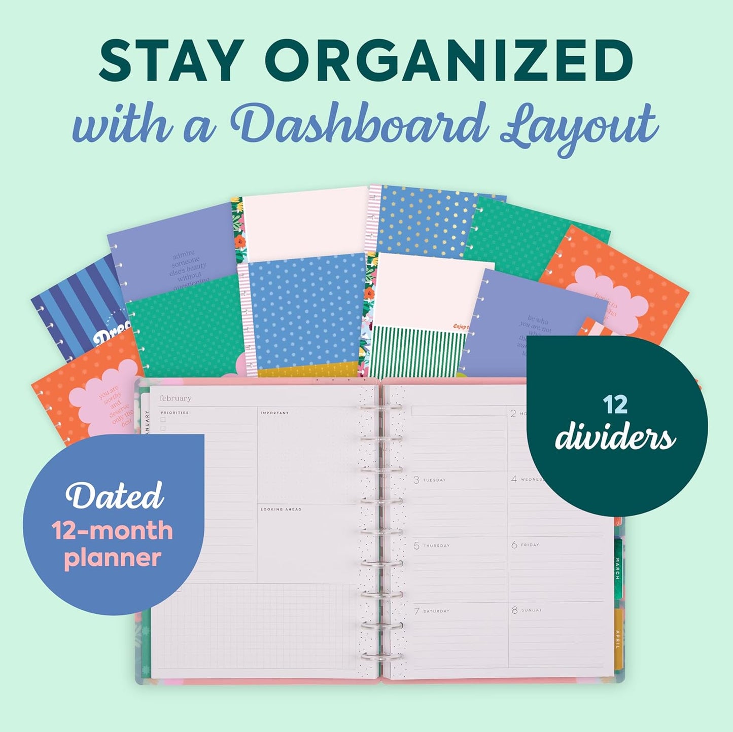 Happy Planner Disc-Bound Planner Jan.–Dec. 2026, Includes 3 Extra Months and 2 Sticker Sheets, Classic Size, 7" x 9.25", Dashboard Layout, Floral Color Beat
