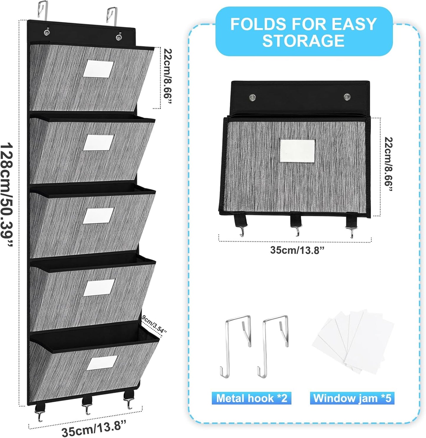 homyfort Over the Door File Organizer, Hanging File Folders Wall Organizer with 5 Large Pocket for Papers, Charts, Mails, Magazine, Office (Black)