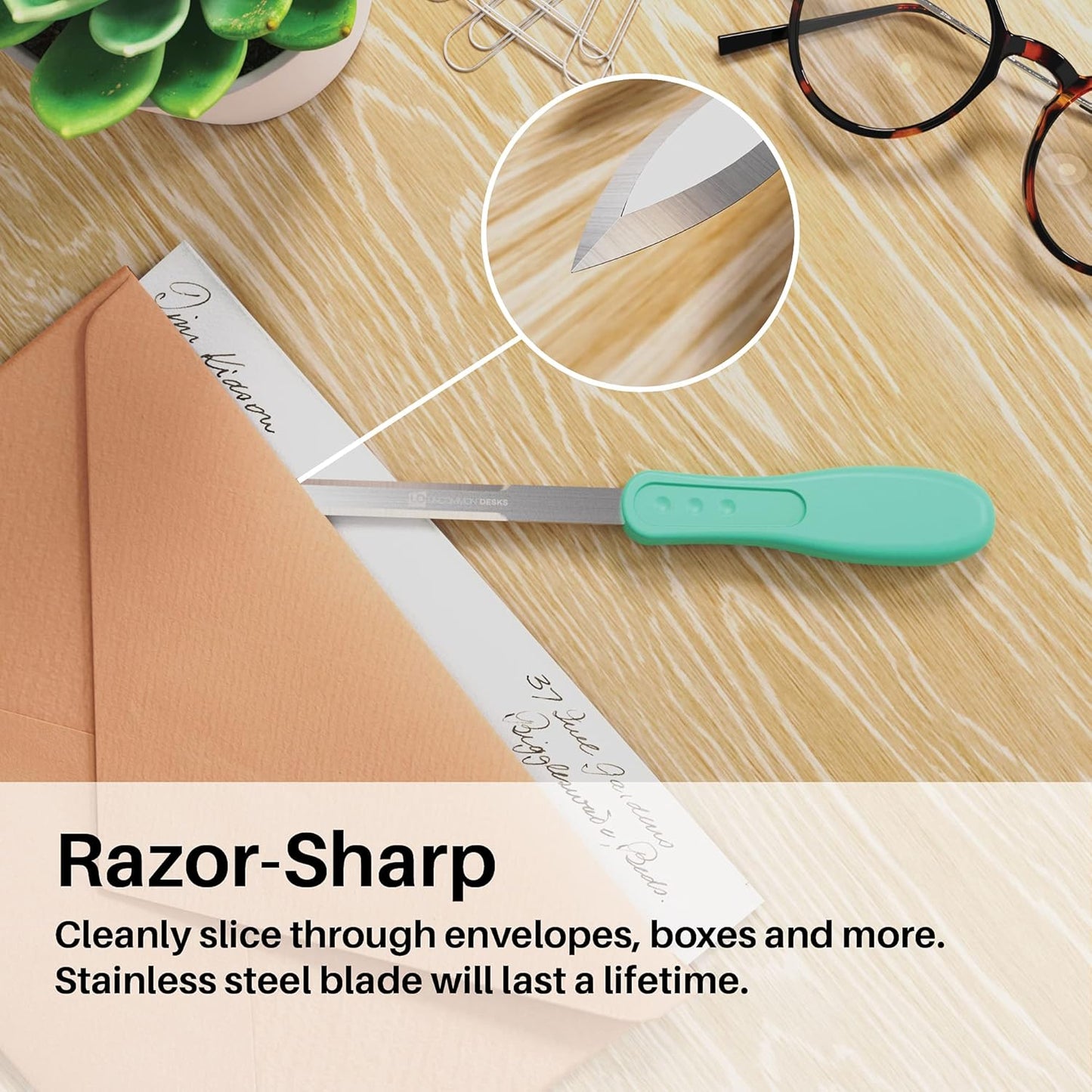 Uncommon Desks Office Letter Opener - Stainless Steel Knife-Edge Blade, Ergonomic Grip Handle (Mixed Colors, 3 Pieces)