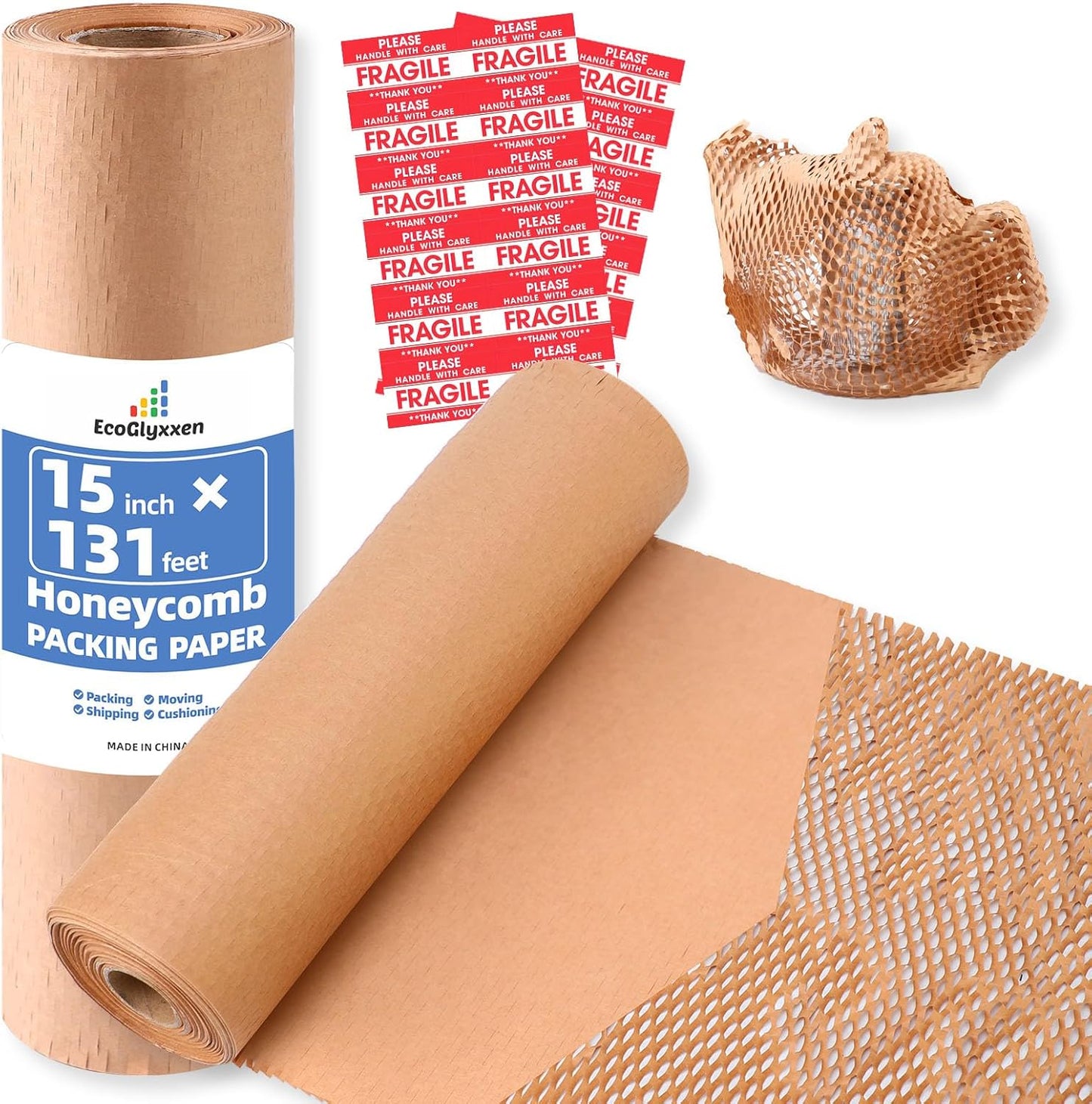 Honeycomb Packing Paper 15"x131' - Bubble Wrap Eco-Friendly Alternative, Recyclable Cushioning Material for Shipping, Moving & Small Business Packing Supplies with 20 Fragile Sticker Labels
