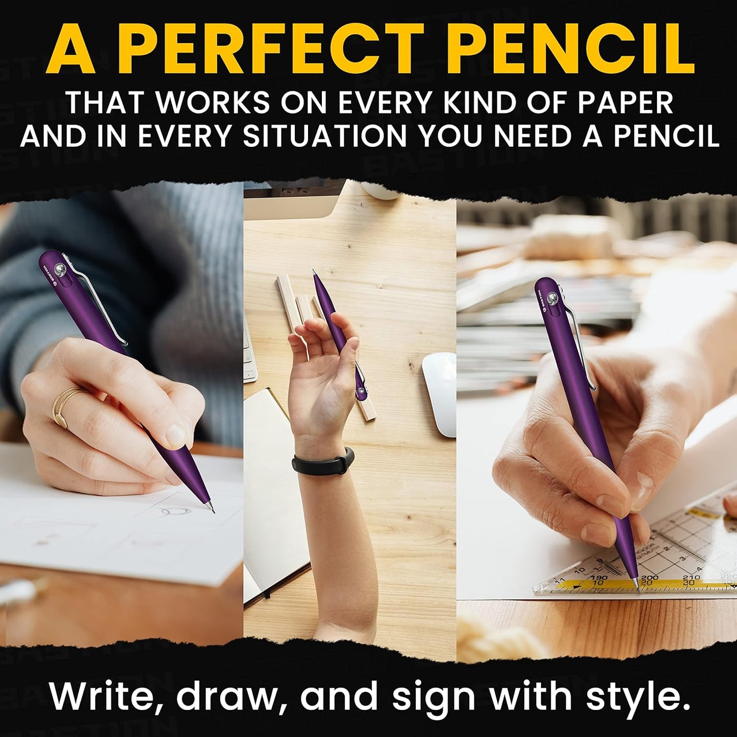 Bastion Mechanical Pencil with Medium Point Refillable Leads - Premium Aluminum Bolt Action Gift Case Metal For Architecture, Drawing, Sketching 20x0.7mm Lead Refills, Purple