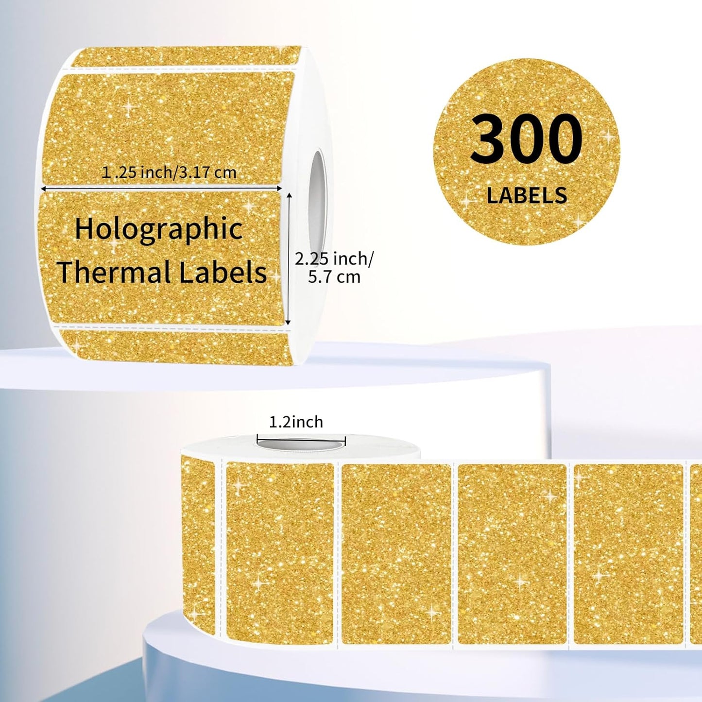 2.25"x1.25" Direct Thermal Labels, Holographic Thermal Printer Labels for Barcode, Self-Adhesive Address Shipping Thermal Label Stickers-1 Roll, 300 Labels, Holographic Gold