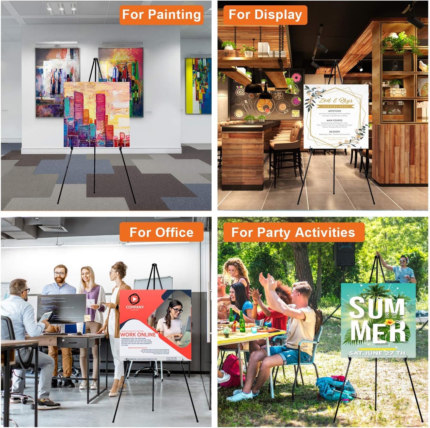 63" Folding Easel Stand for Display,Adjustable Floor Poster Easel for Arts,Pictures,Paintings,Telescoping Black Metal Easel Fit for Signs at Exhibition,Lobby,Holds 5lbs,6Pack