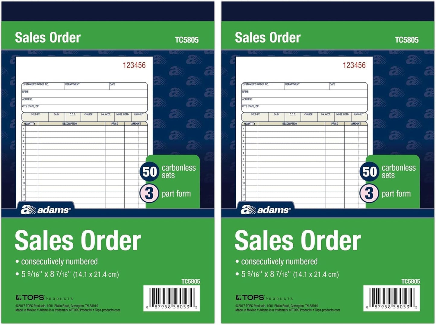 Adams Sales Order Book, 3-Part Carbonless, White/Canary/Pink, 5-9/16" x 8-7/16", 50 Sets (TC5805) (Pack of 2)