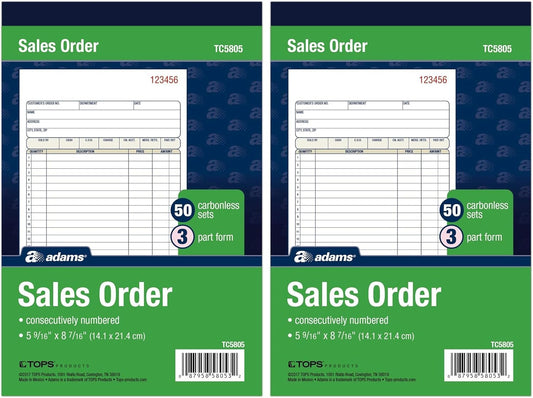 Adams Sales Order Book, 3-Part Carbonless, White/Canary/Pink, 5-9/16" x 8-7/16", 50 Sets (TC5805) (Pack of 2)