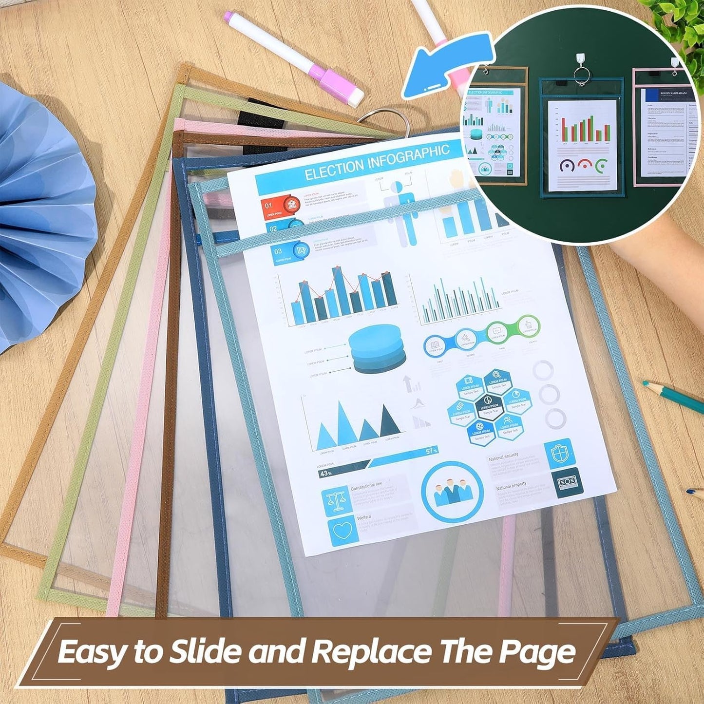 12 Pack Dry Erase Pockets 6 Assorted Colors 8.5 x 11 Inch Clear Plastic Sheet Protectors Dry Erase Pocket Sleeves Teacher School Office Supplies (Vintage)