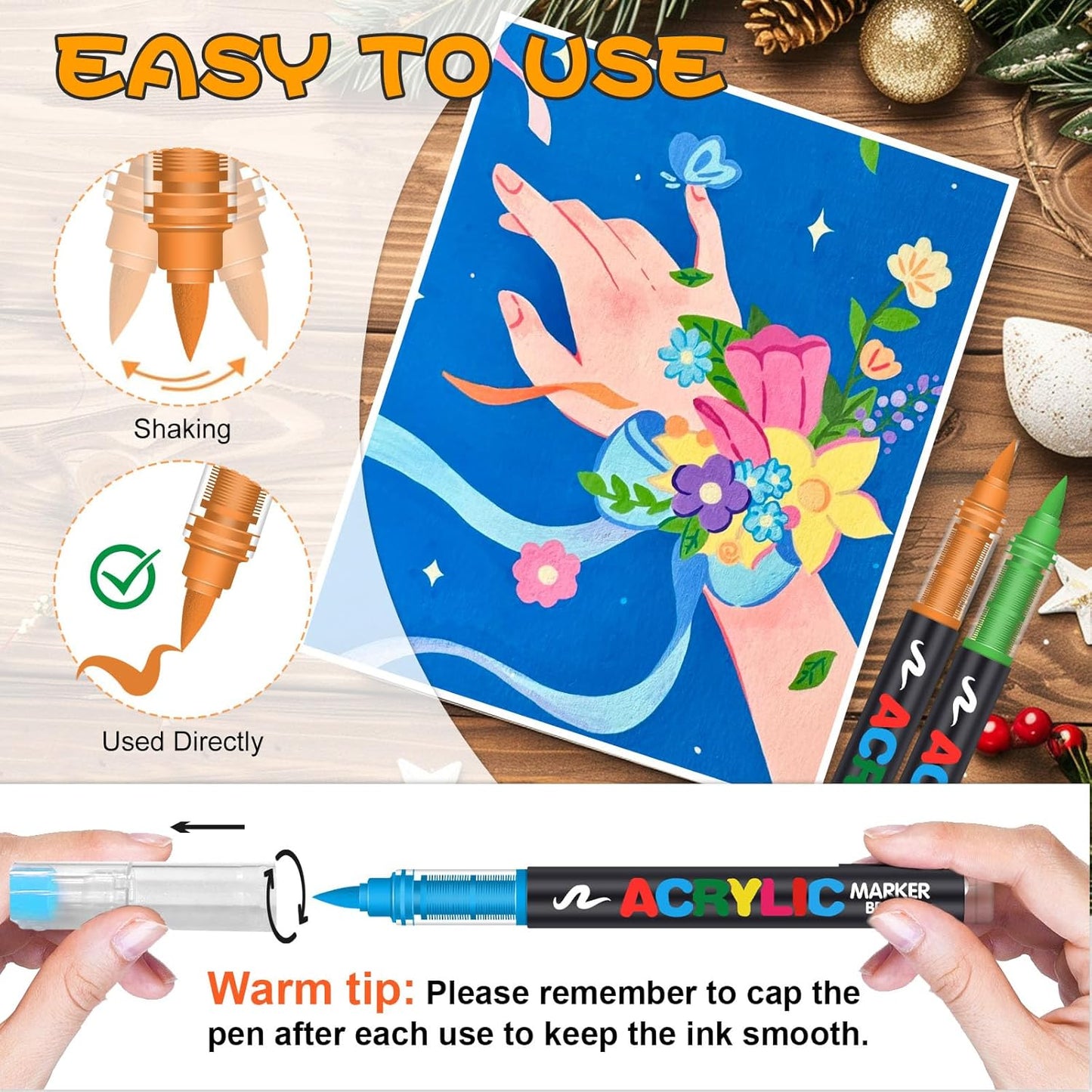 72 Acrylic Paint Markers, Soft Brush Tip Acrylic Markers for Rock Painting, Wood, Stone, Glass, Canvas, Fabric, Ceramic - Brush Tip Water Based Pens