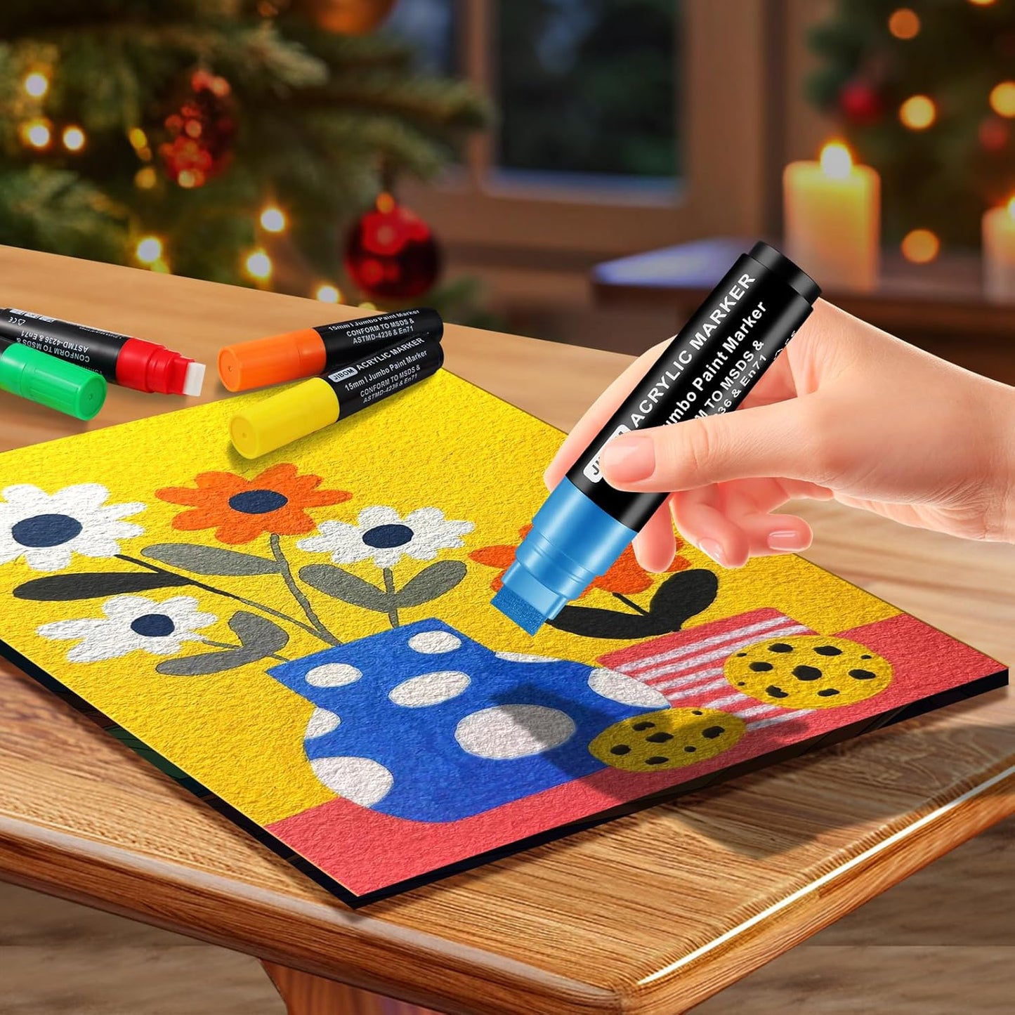 10 Colors Jumbo Acrylic Paint Markers (2 Metallic), 15mm Extra Large Felt Tip Thick Paint Pens for Rock, Wood, Ceramic, Glass, Canvas, Eggs,Pumpkins, Poster Painting Vibrant, Long Lasting Art Supplies