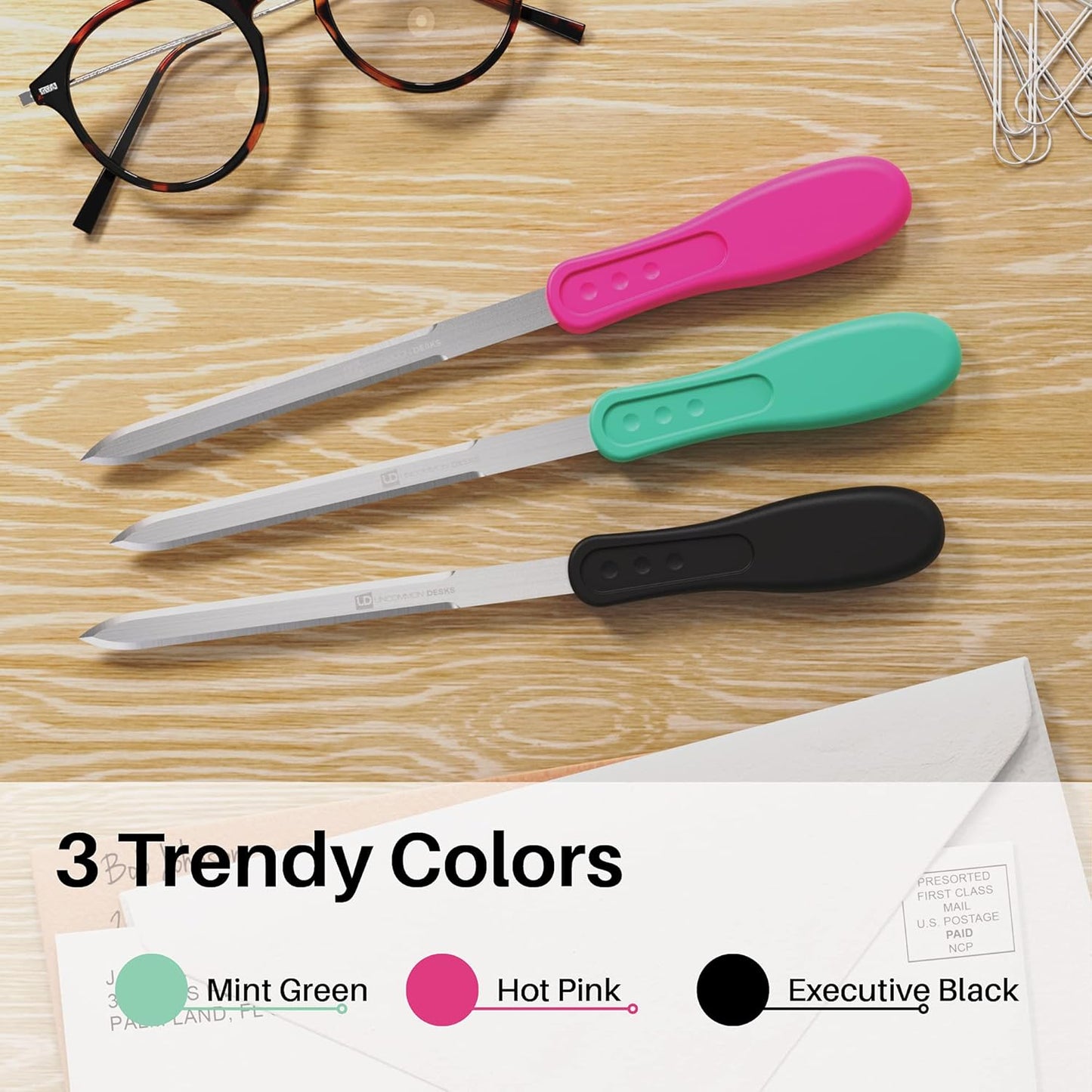 Uncommon Desks Office Letter Opener - Stainless Steel Knife-Edge Blade, Ergonomic Grip Handle (Mixed Colors, 6 Pieces)