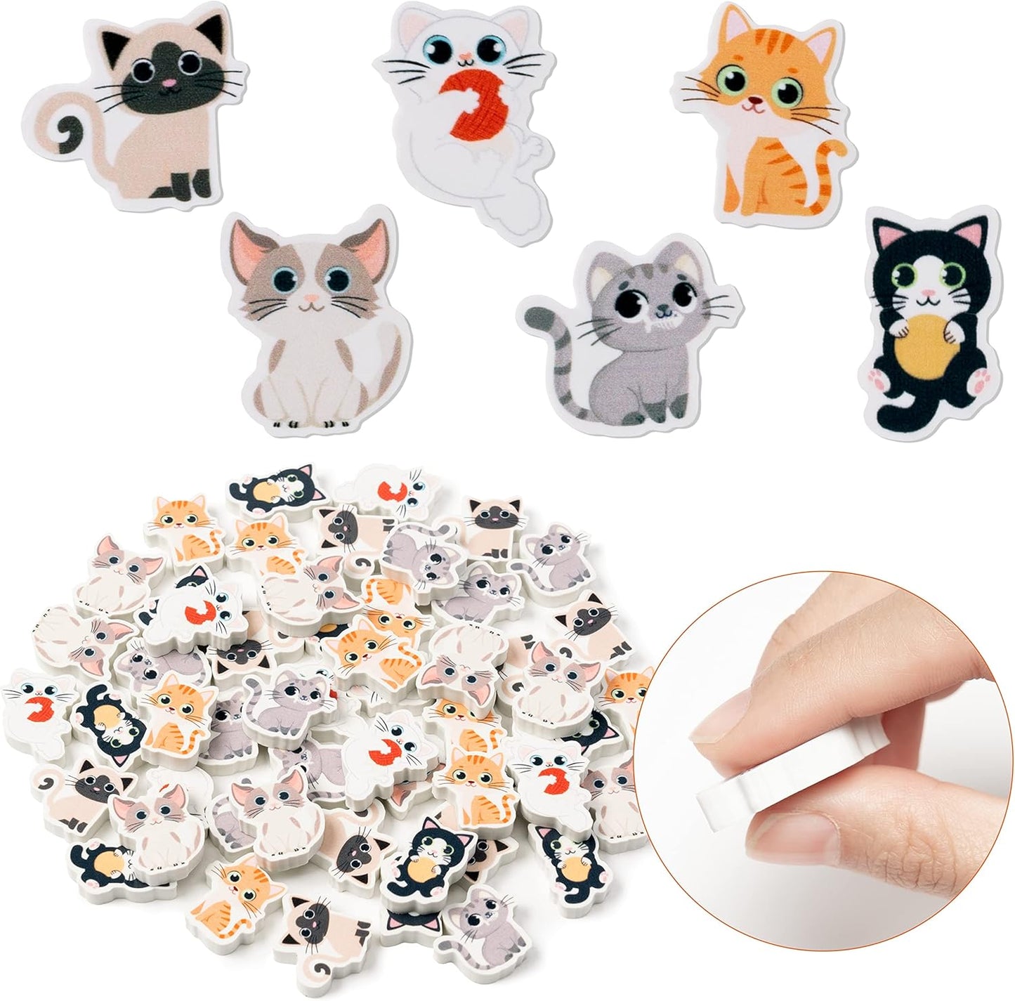 ANGOLIO 60Pcs Cute Cat Erasers Back to School Gifts for Kids Animal Pencil Top Erasers Mini Kawaii Cartoon 3D Desk Pet for Classroom Activities Rewards Game Prizes Birthday Party Supplies, 6 Styles