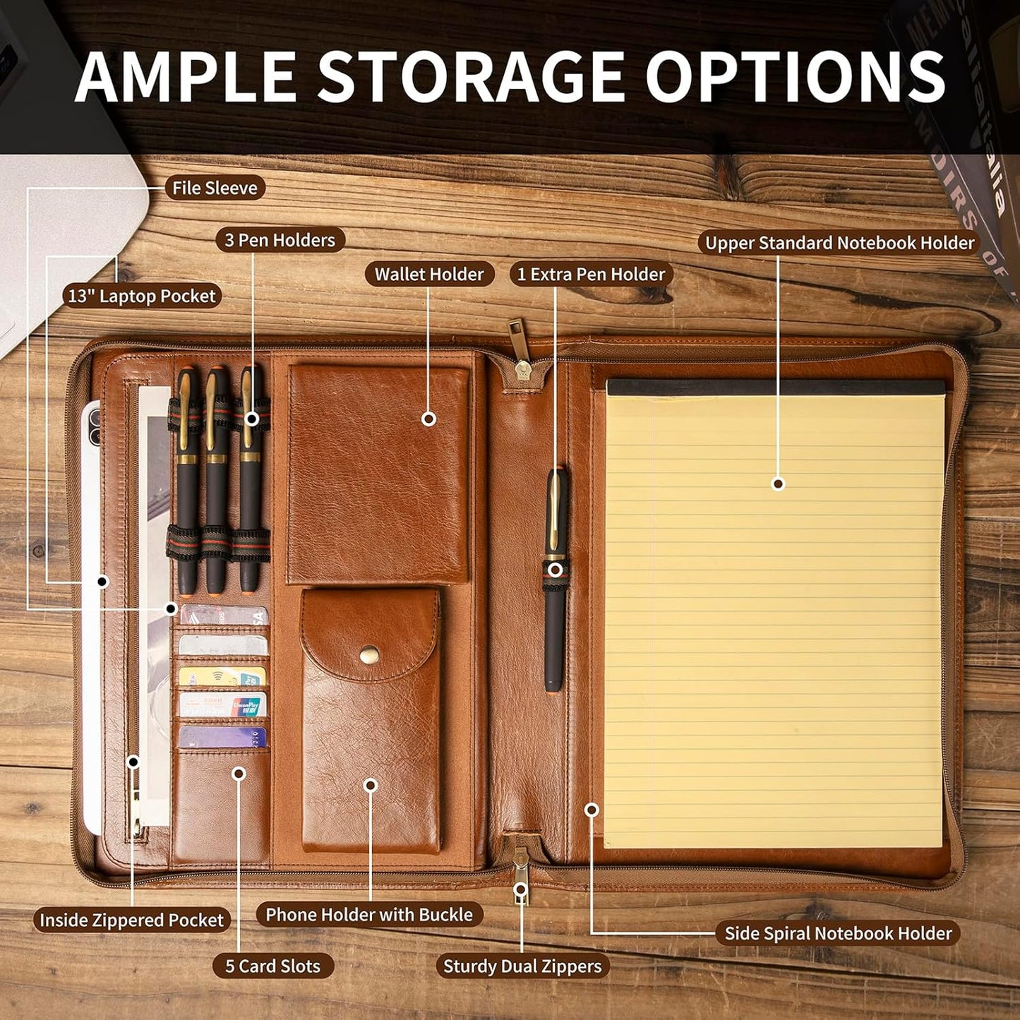 Personalized Genuine Leather Portfolio with Front Pocket for Men and Women, Custom Engraved Zippered Padfolio Binder for 8.5 x 11 Legal Pad Notebook, Professional Laptop Case, Brown, Oil Tanned