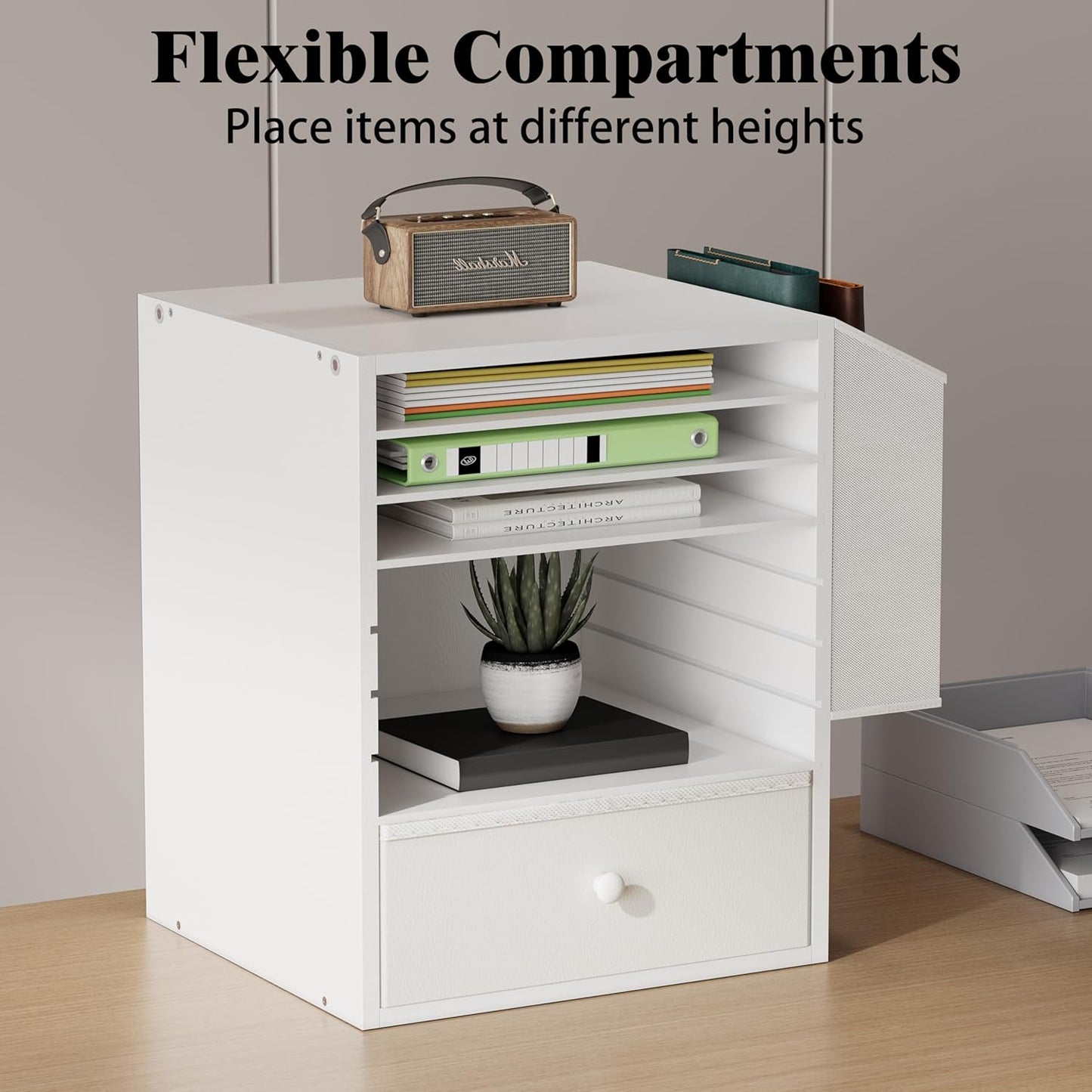 7 Tier Adjustable Countertop Mail Sorter with Drawer, Office Mailboxes With Name Slots, 12 X 12 Paper Storage Slot, Office Desk File Organizer, Wooden Desktop Mailbox For Classroom, White