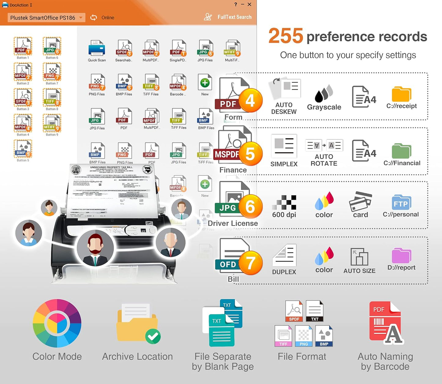 Plustek PS186 Desktop Document Scanner, with 50-Pages Auto Document Feeder (ADF). for Windows 7/8 / 10/11 (Intel/AMD only)