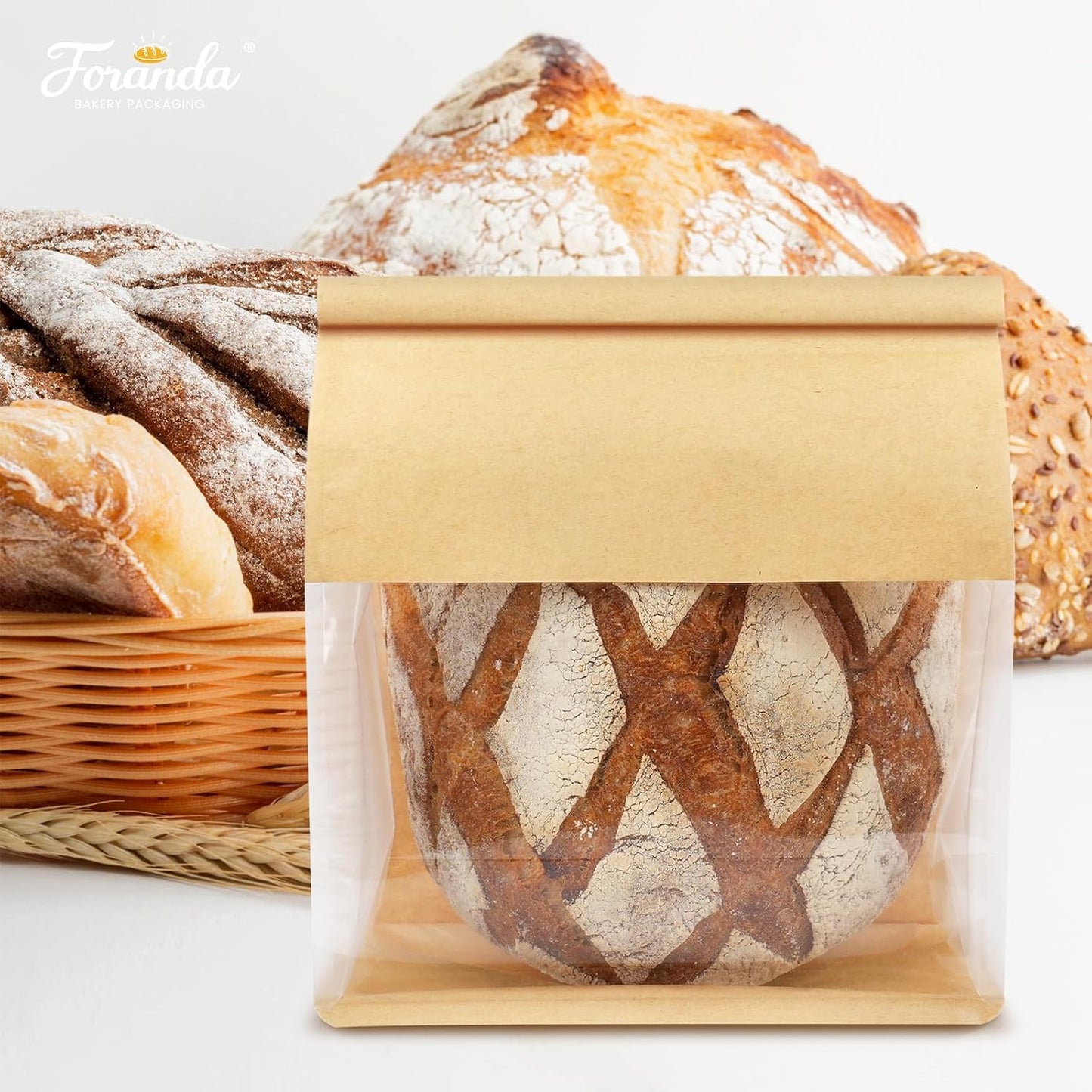 100 Pack Bread Bags for Homemade Sourdough Bread, 8.7x4.3x11 Inches Tin Tie Tab Lock Large Bakery Bag with Window Kraft Paper Loaf Packaging Bags for Gifting & Bake Sale