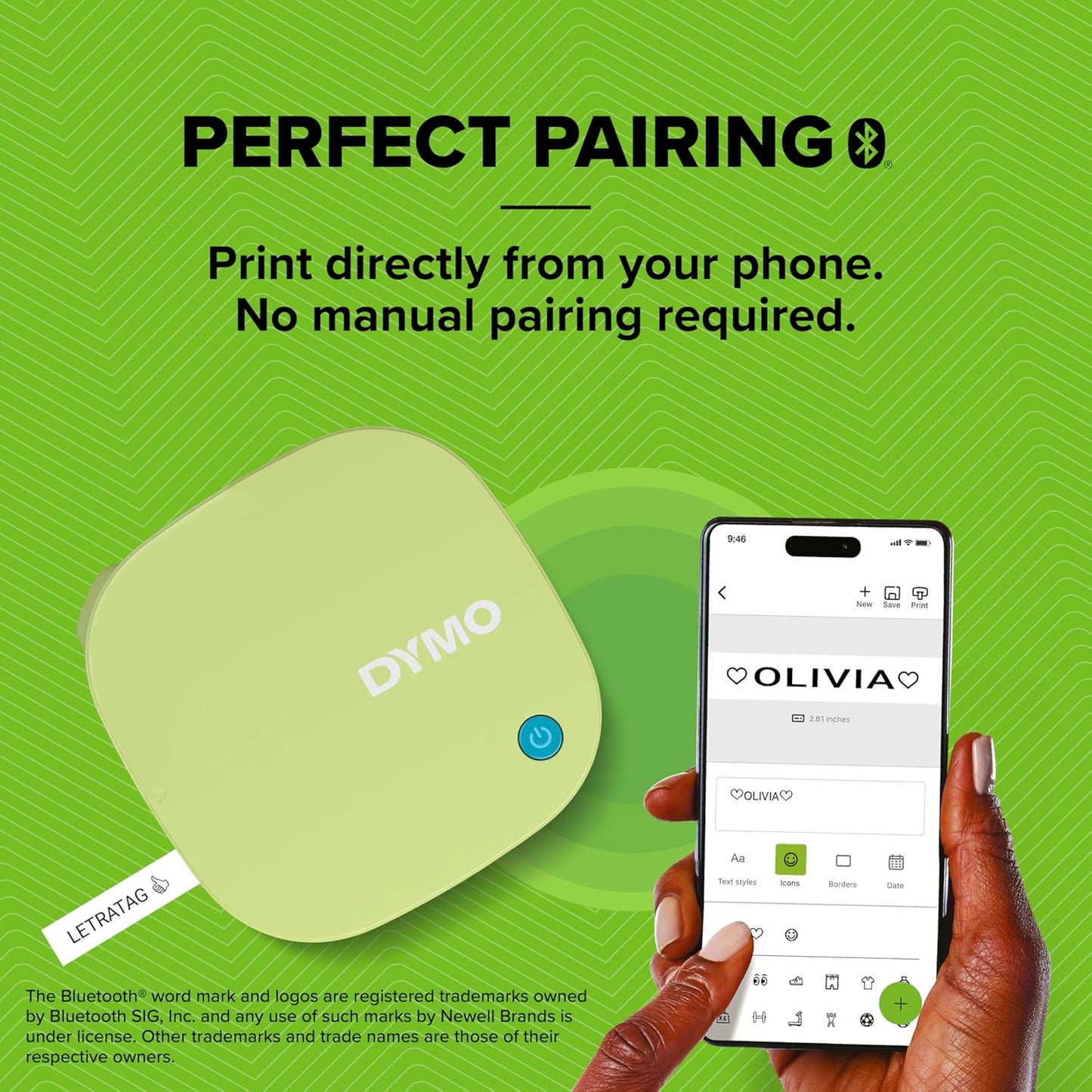 DYMO LetraTag 200B Bluetooth Label Maker | Compact Label Printer | Connects Through Bluetooth Wireless Technology to iOS and Android | Includes 1 White Paper Label Tape | Pistachio Yellow