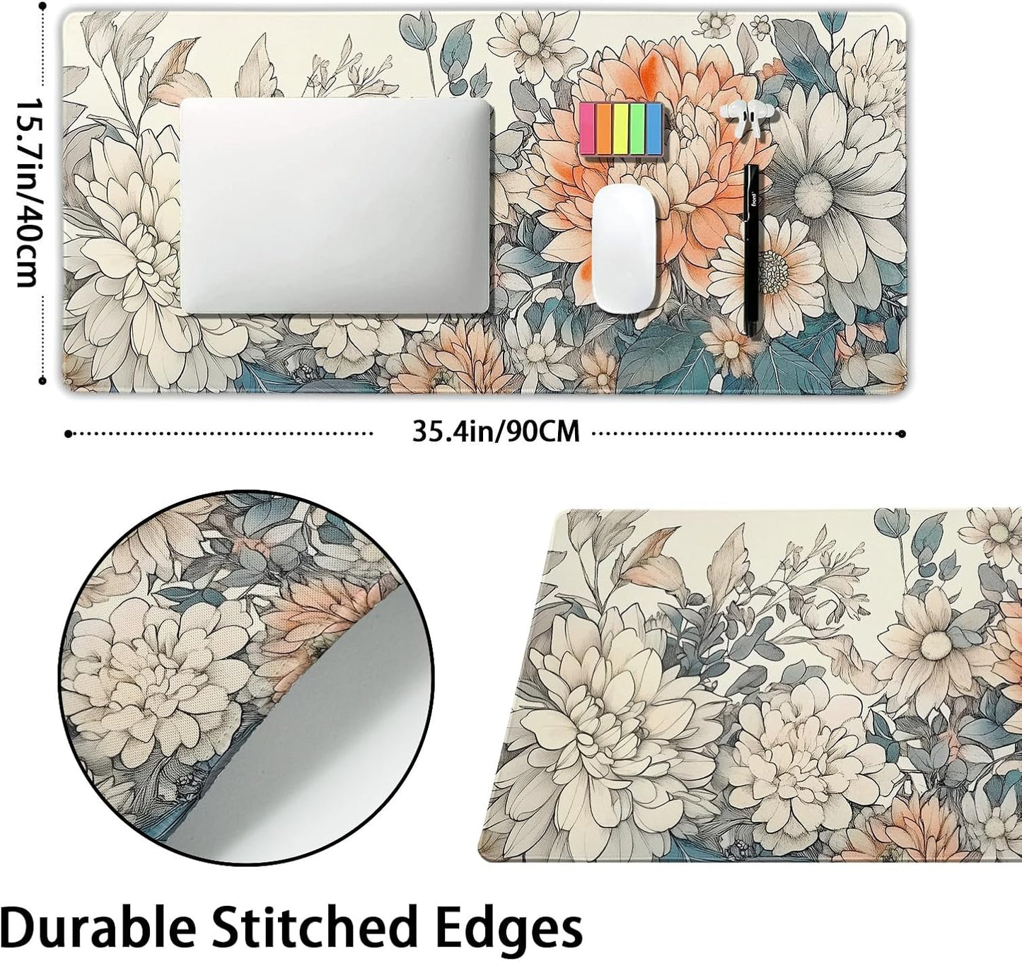 Japanese Aesthetic Floral Gaming Mouse Pad XXL Vintage Orange White Flowers Extended Large Mat Mousepad Desk Pad Non-Slip Rubber Base Stitched Edge Keyboard Pad Playmat for Computer,35.4×15.7 Inch