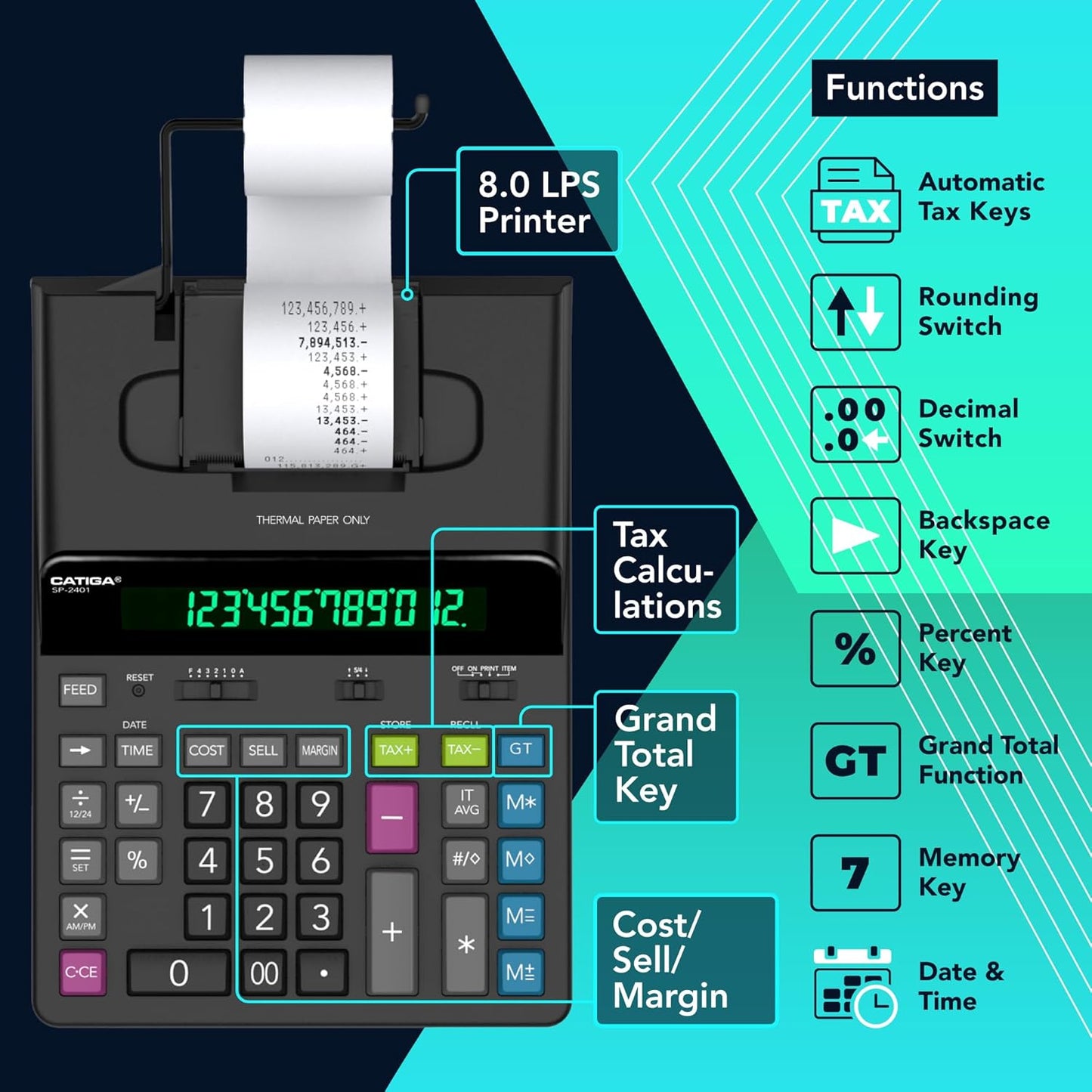 CATIGA 12 Digit Thermal Printing Calculator with Tape Print Out, Ink-Free Adding Machine, 5X Faster Quite at 8.0 LPS, Extra Large Fluorescent Display, Tax Calculation with Clock and Calendar, SP-2401