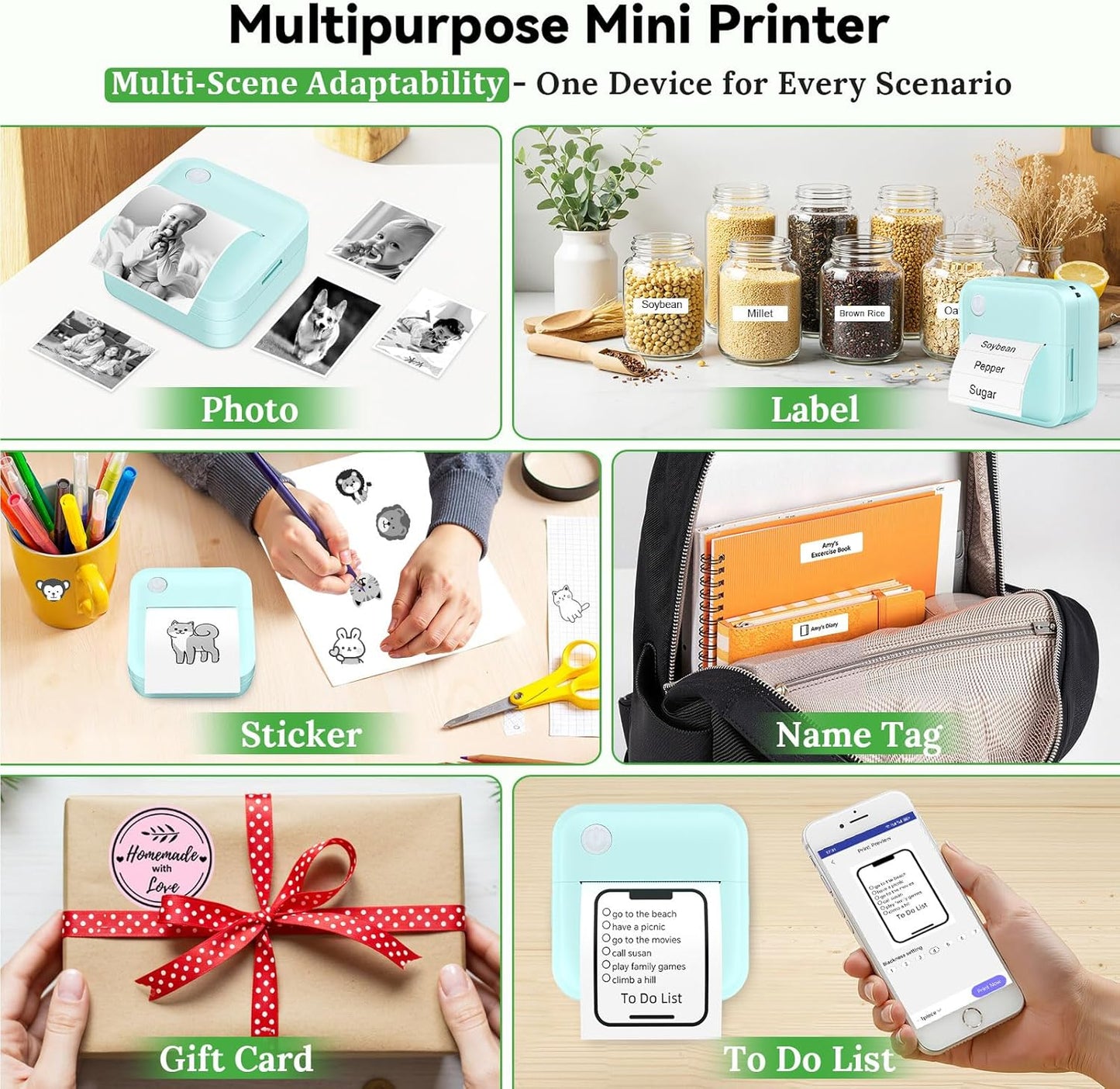 Label Maker Machine with Tape - Mini Sticker Printer Bluetooth Label Printer for Home Office Organization, Portable Thermal Sticker Maker Print Pod with Multiple Templates for Phone (Green)