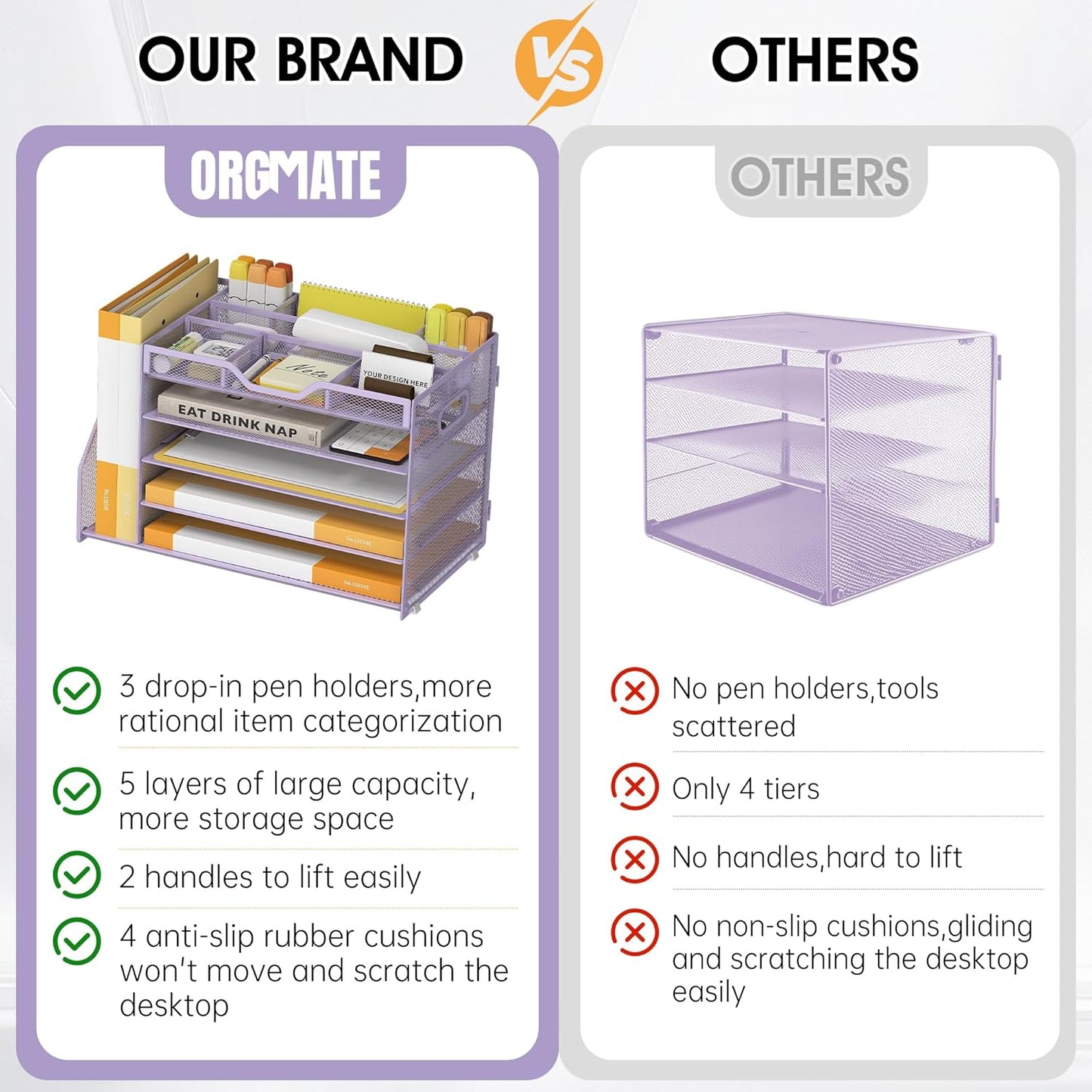 5 Tier Paper Letter Tray with File Holder and 3 Drop-in Pen Holders, Mesh Desk File Organizer with Handle, Desk Organizers and Accessories for School,Home, Office Supplies Storage-Purple