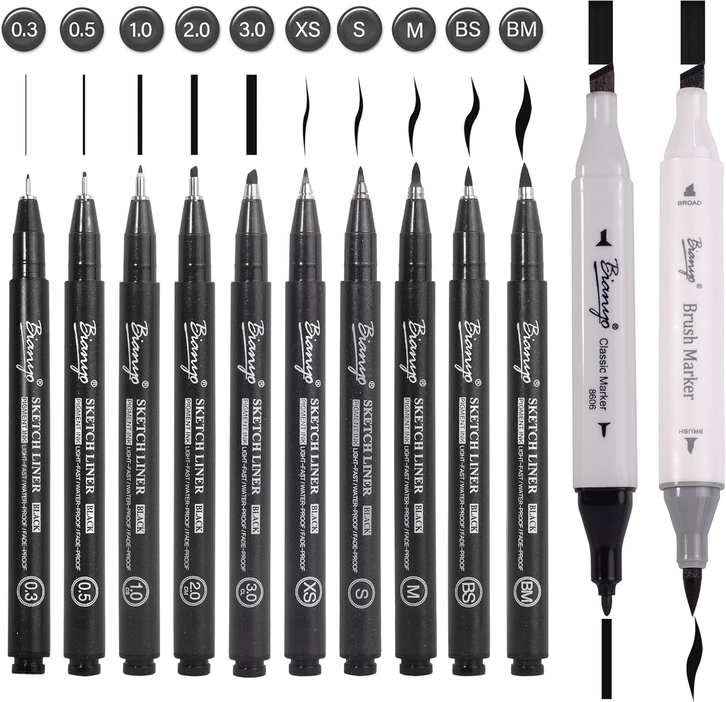 Bianyo Art Drawing Pens Art Supplies - 10 Assorted Art Pens + 2 Black Art Markers, Upgraded Pigment Water-Resistant Archival Ink, Bonus Pouch Bag - Perfect for Artists, Crafters