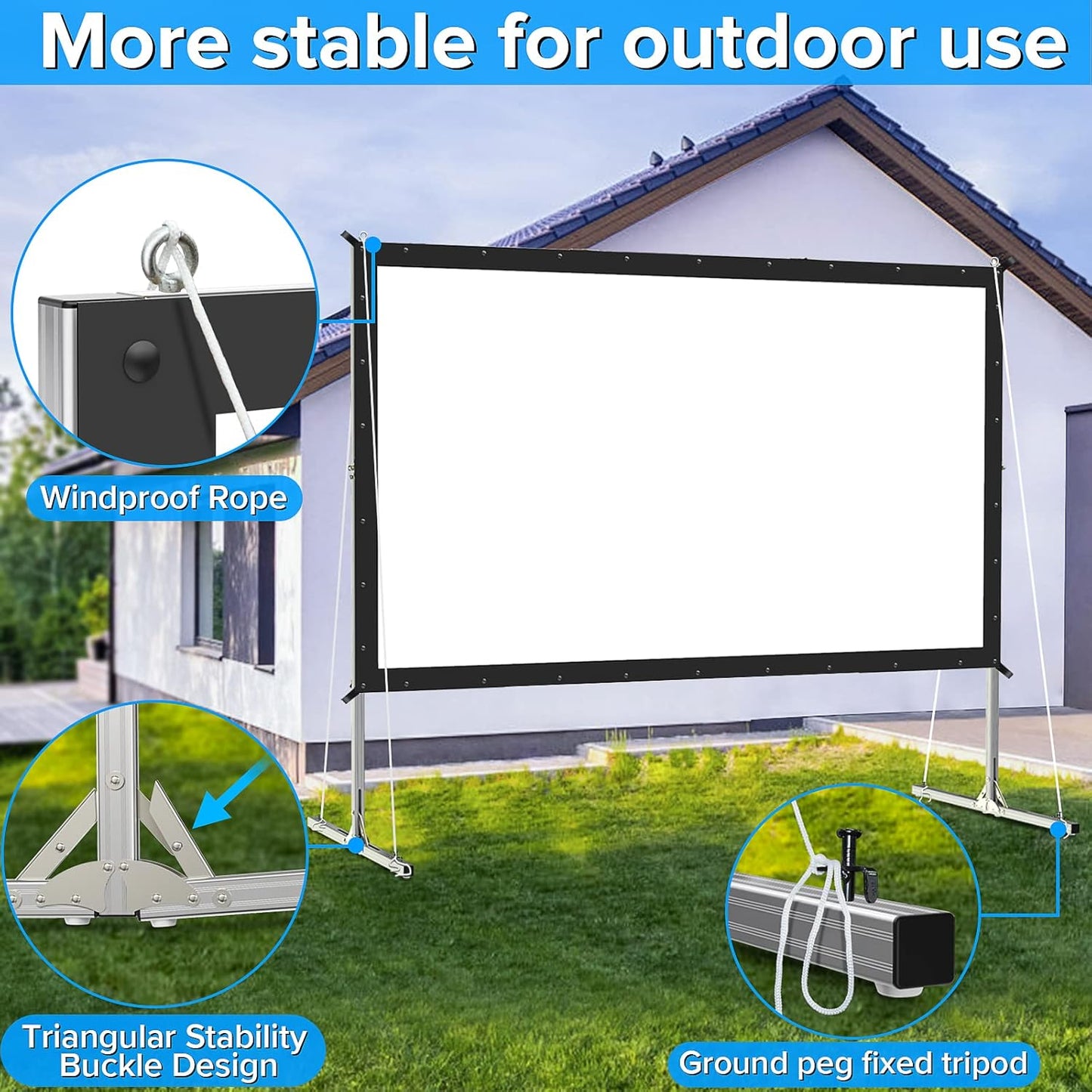 150 inch Projector Screen with Stand, Upgraded 3 Layers PVC 16:9 Outdoor Projector Screen, Outdoor Movie Screen with Carrying Bag for Home Theater Backyard
