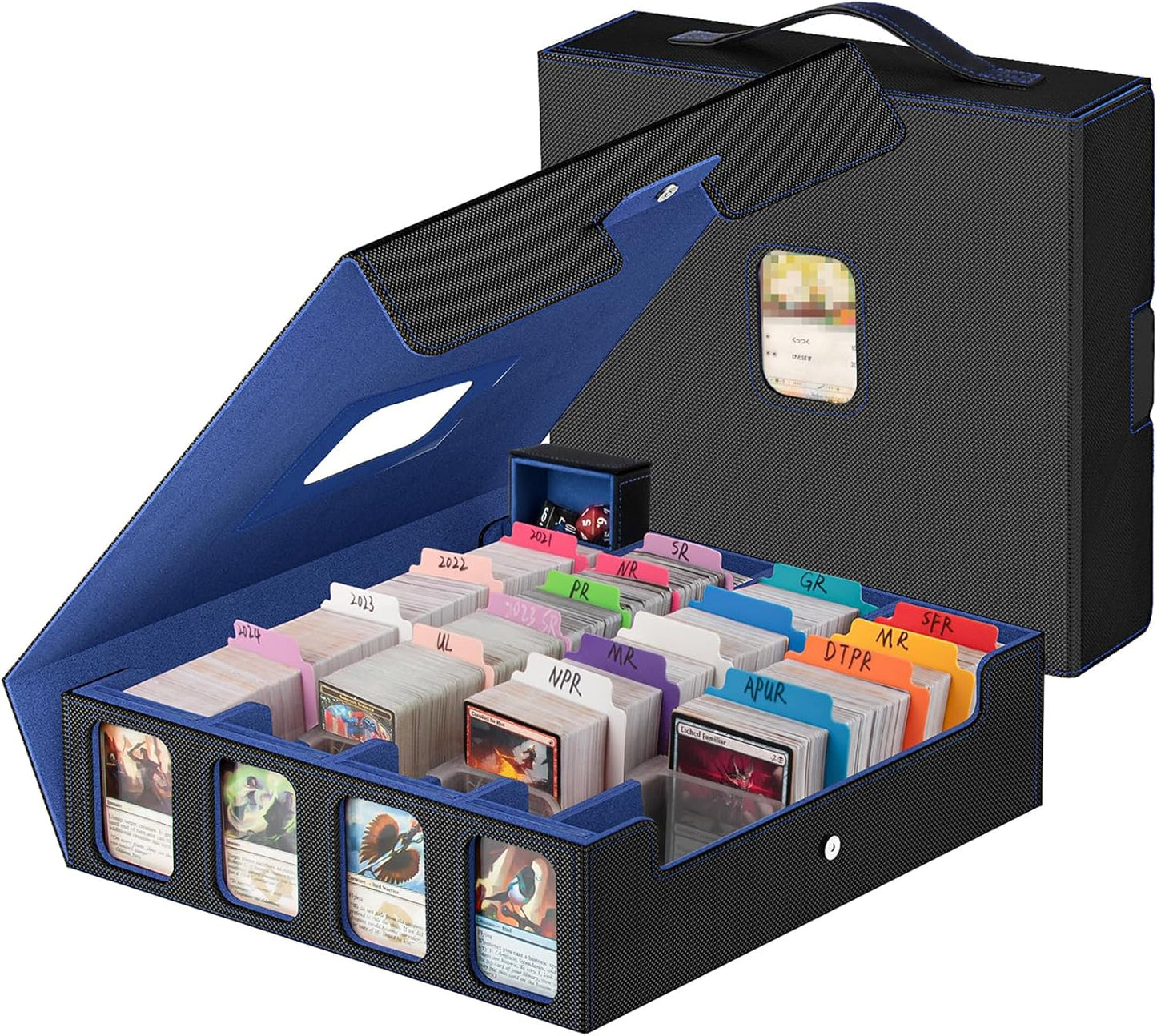 3200+ Trading Card Storage Box with Commander Display, 4-Row TCG Card Box with Portable Handle, Compatible for TCG/MTG/Magic Cards, 30 Colorful Divider, 8 Supporters, US Design Patent (Black&Blue)