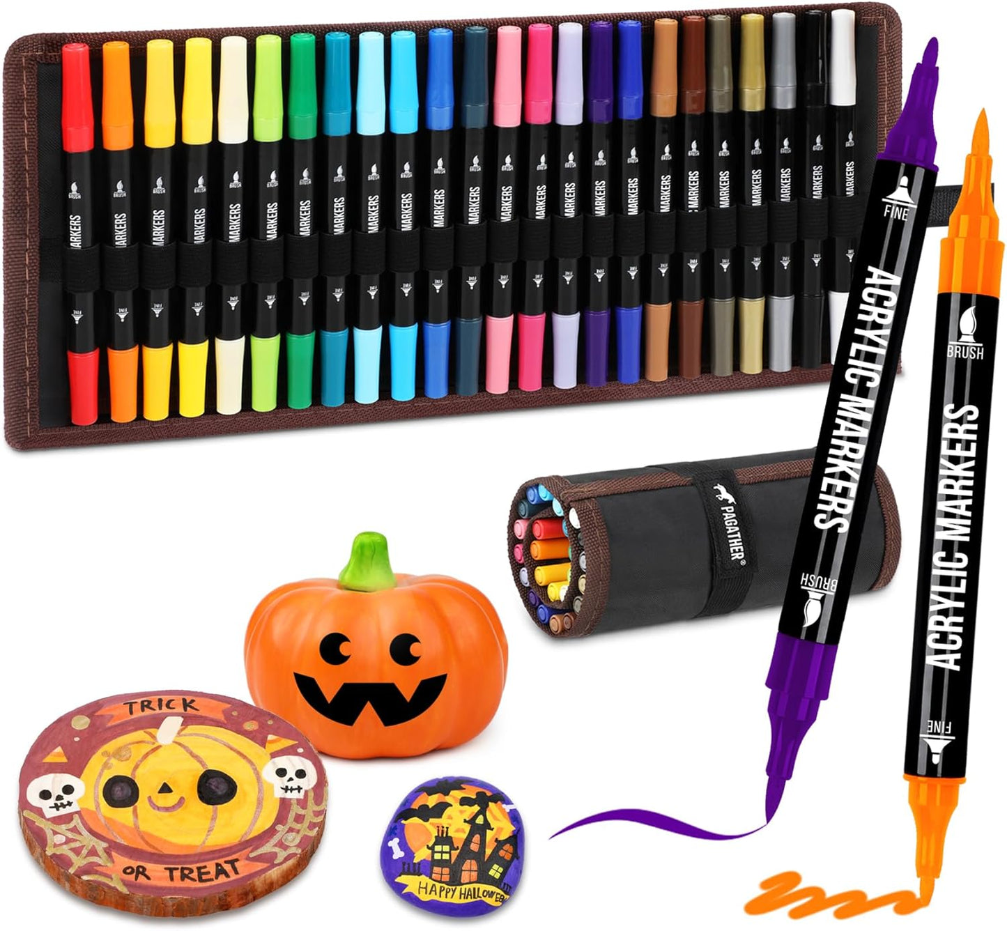 24 Colors Acrylic Paint Markers, Dual Tip with Fine Tip and Brush Tip Pens for Stone, Wood, Calligraphy, Canvas, Ceramic, Metal, Glass, Rock Painting, DIY Crafts Art Supplies Kit