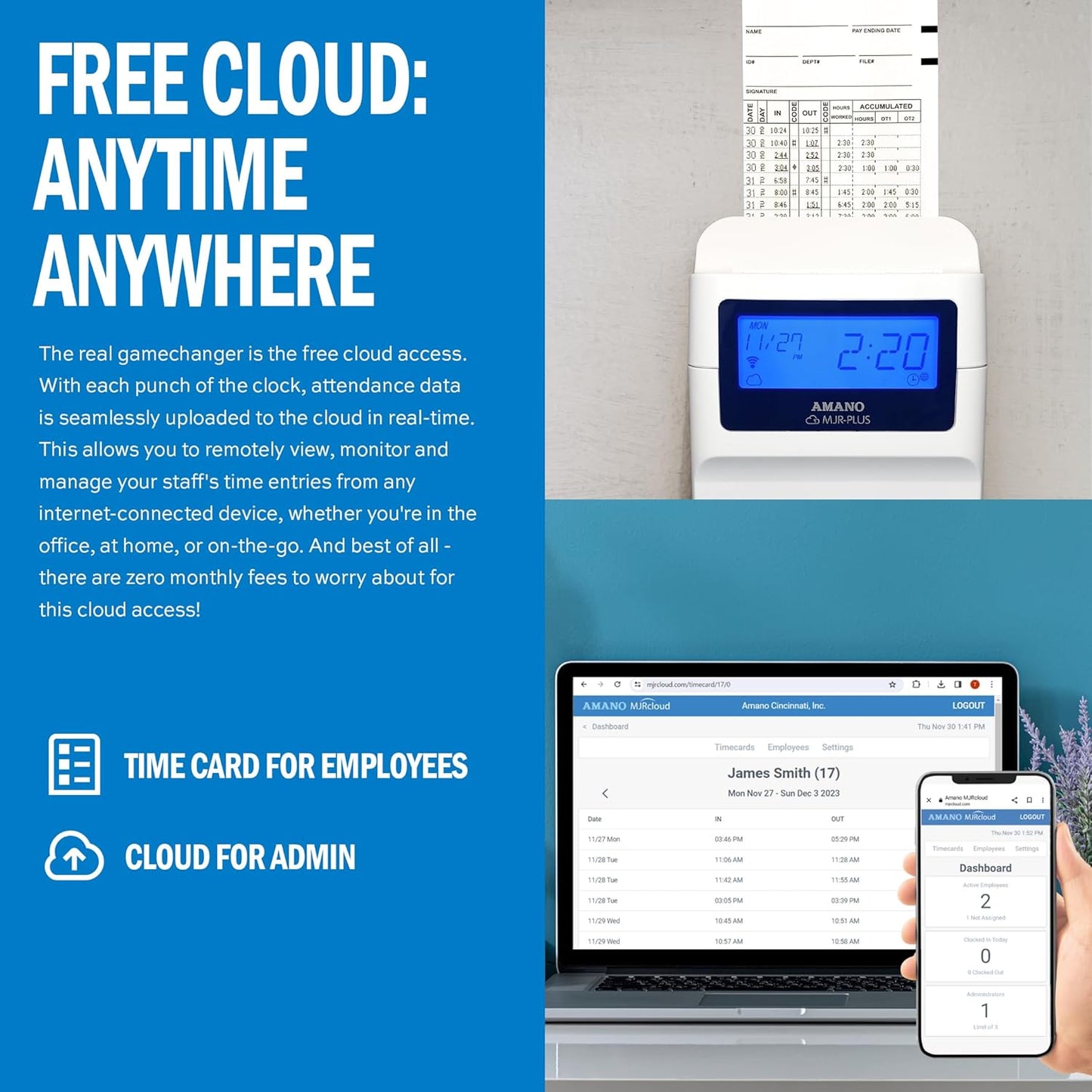 AMANO Calculating Time Clock with WiFi Connection to Free Cloud APP: View Employee Punch Times Remotely from Anywhere, Anytime (MJR-PLUSEZ)