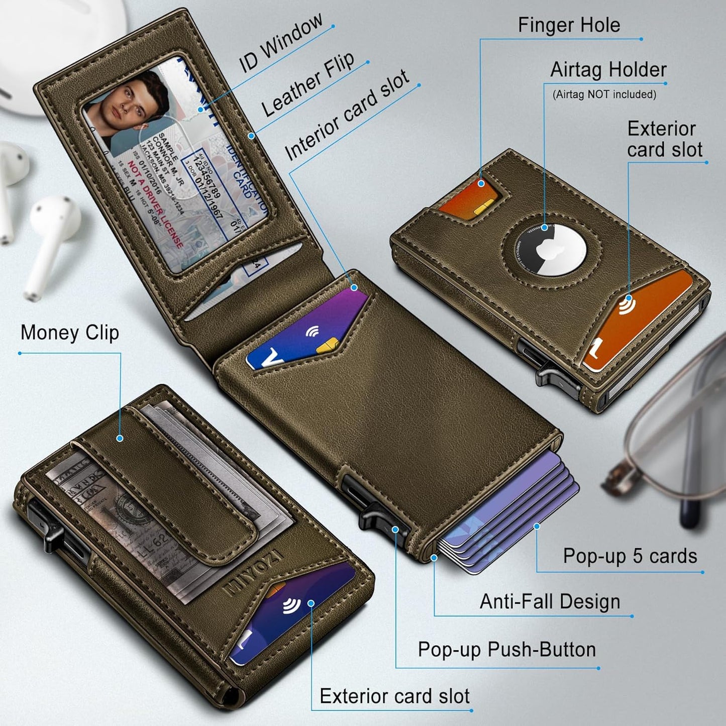 Airtag Wallet for Men,with Money Clip Gift Boxed,Slim Front Pocket Wallet RFID Blocking Metal Case Smart Pop-up Credit Card Holder in Magnetic Leather Flip