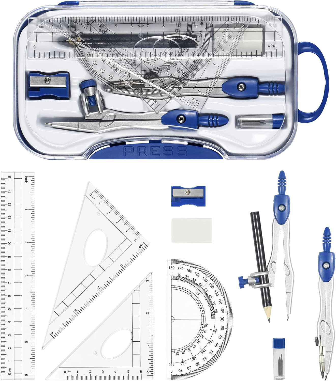 10 Pieces Math Geometry Kit Set Student Supplies with Shatterproof Storage Box,Includes Rulers,Protractor,Compass,Eraser,Pencil Sharpener,Lead Refills,Pencil,for School and Drawings（Navy Blue）